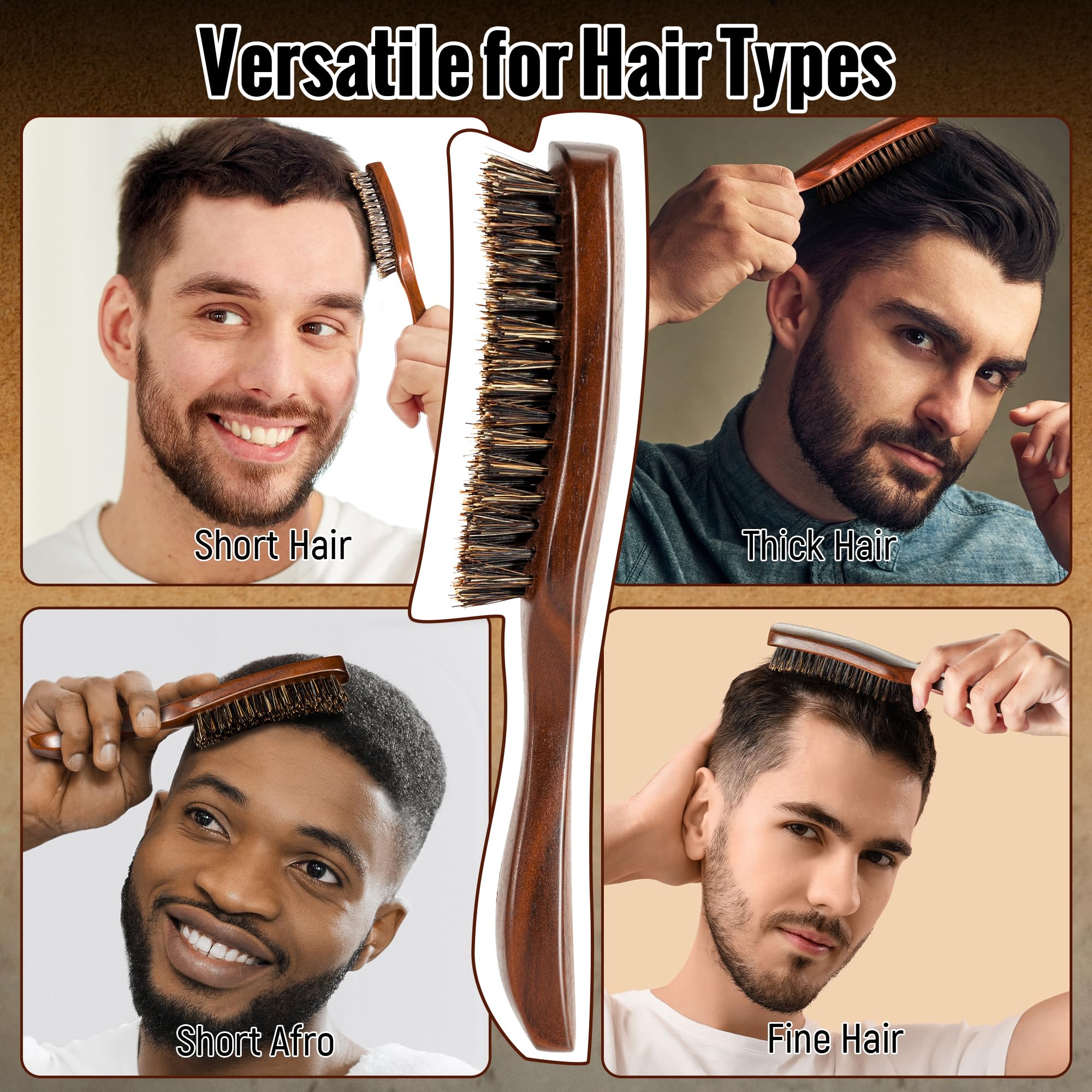 Boar Bristle Hair Brush For Men, Mens Slick Back Hair Brush With Stiff Bristles & Wooden Walnut Handle For Thick & Fine Hair Smo