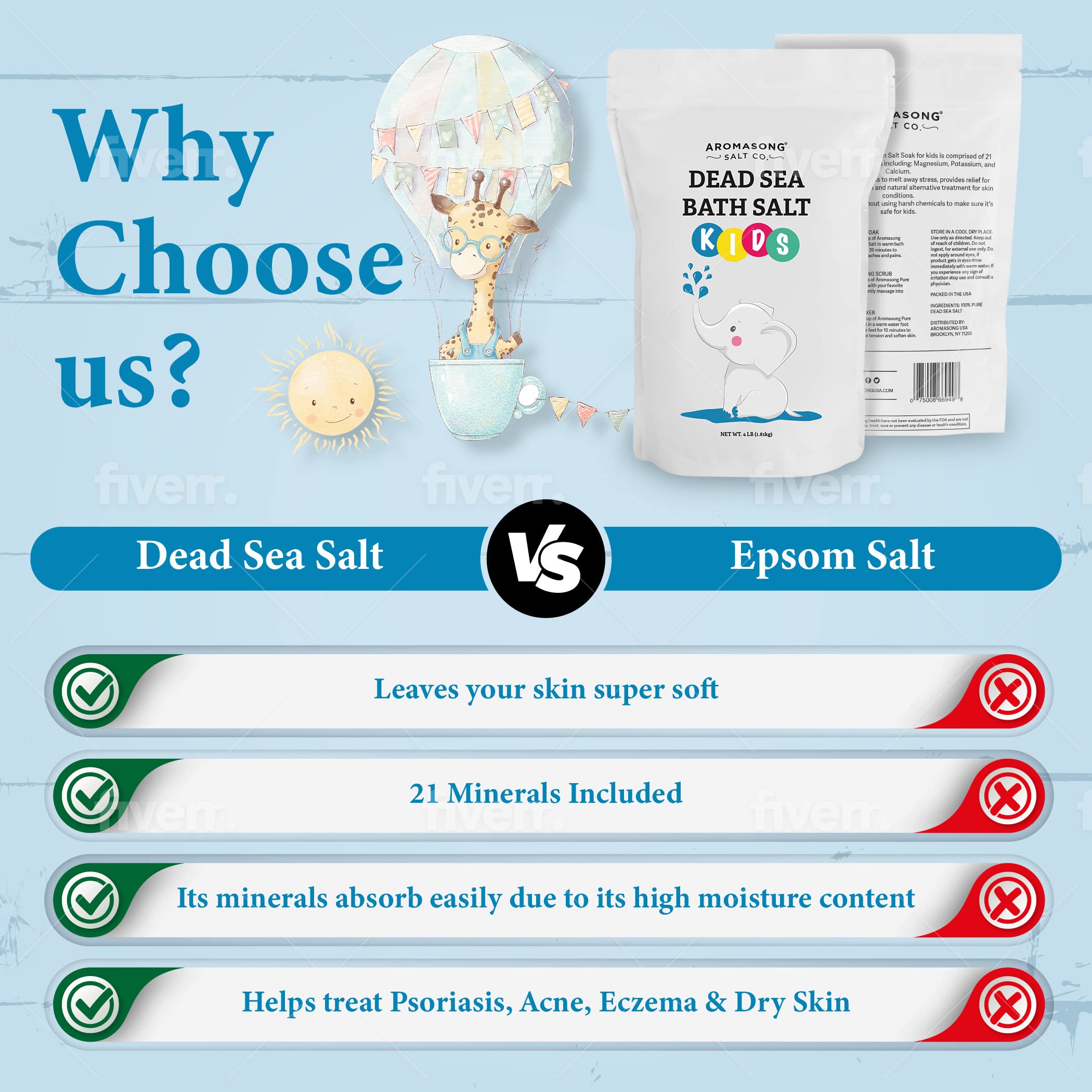 Aromasong Dead Sea Salt For Kids Bath Soak, 19 Lbs. Fine Grain Large Bulk Resealable Pack, 100% Pure & Natural.