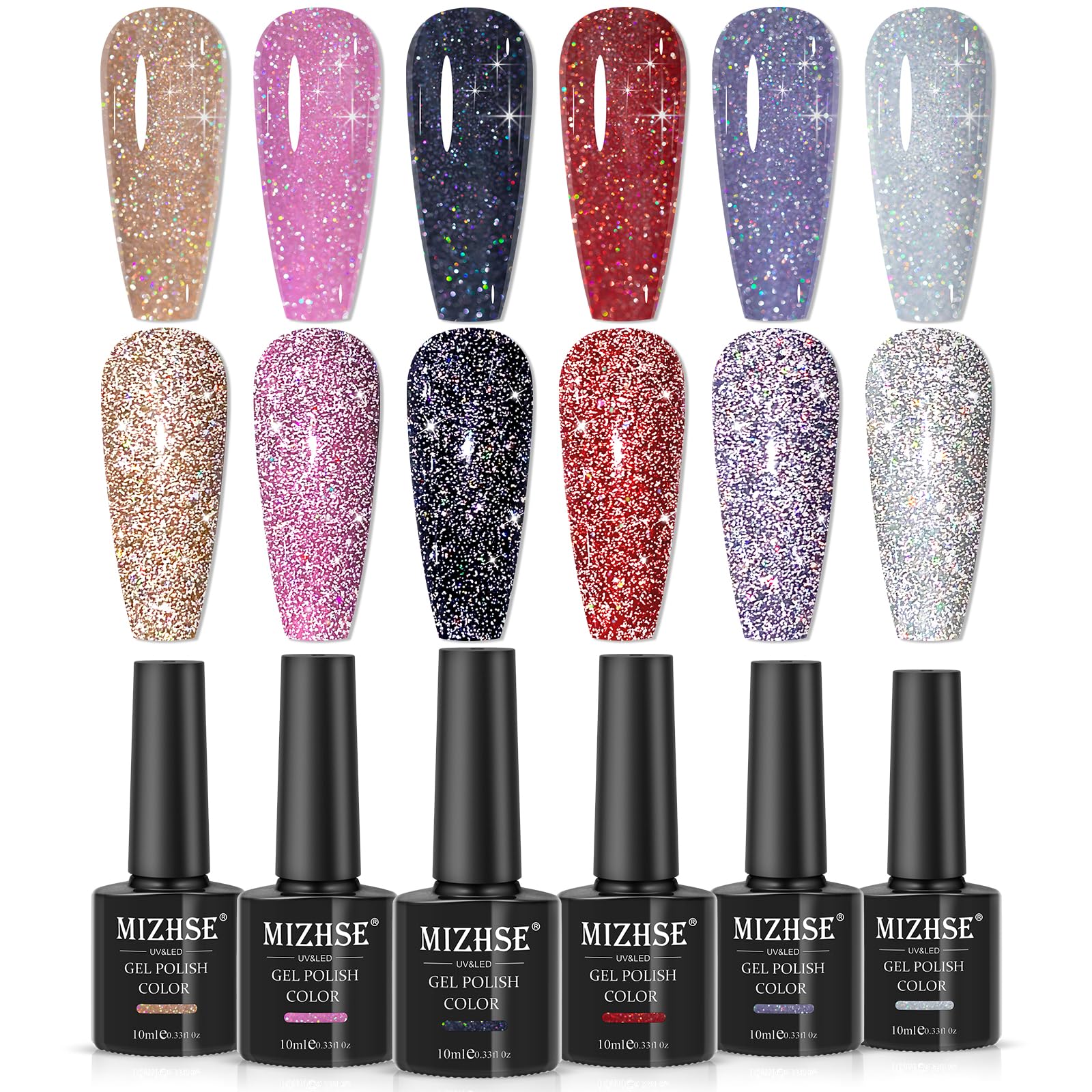 MIZHSE Reflective Glitter Gel Nail Polish, Holographic Glitter Gel Polish Set Sparkly Shiny Bling Nail Gel Soak Off UV/LED Gel N