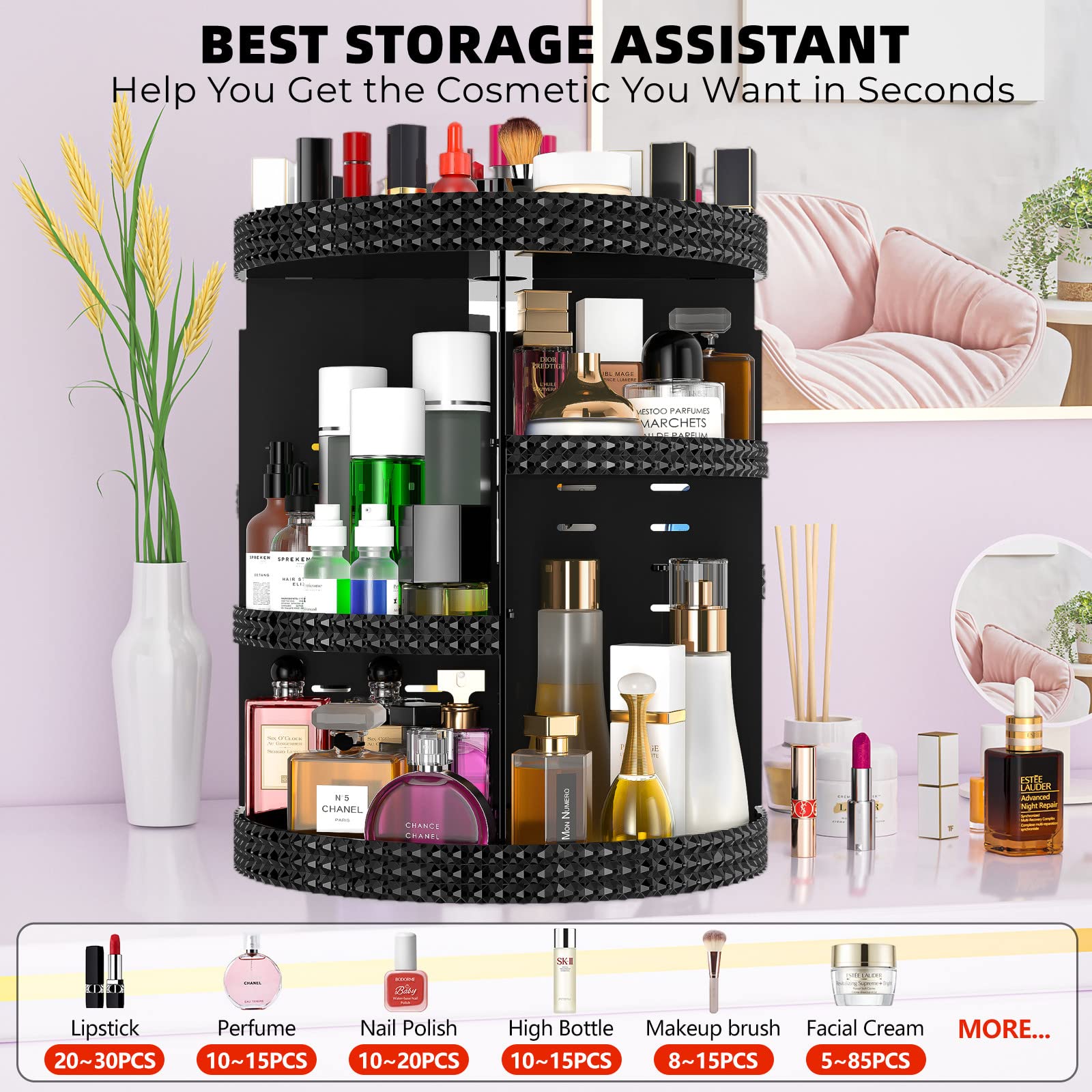 HEMTROY 360° Rotating Makeup Organizer - Extra Large Acrylic Skincare & Perfume Storage - Adjustable 7 Layers - Black - Model HT010005