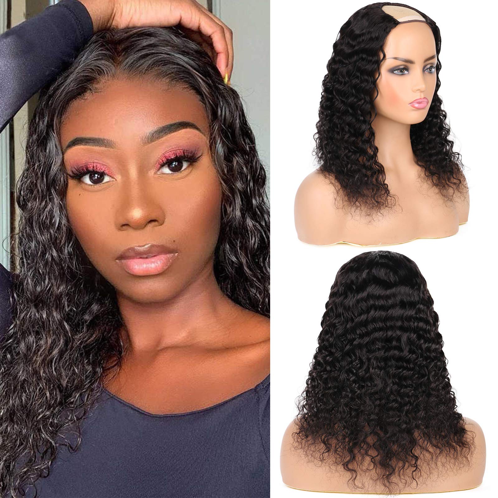 huarisi U Part Human Hair Wigs Deep Wave 150% Density Glueless Brazilian Remy Hair U Shape Wig for Women 16 Inch Natural Color