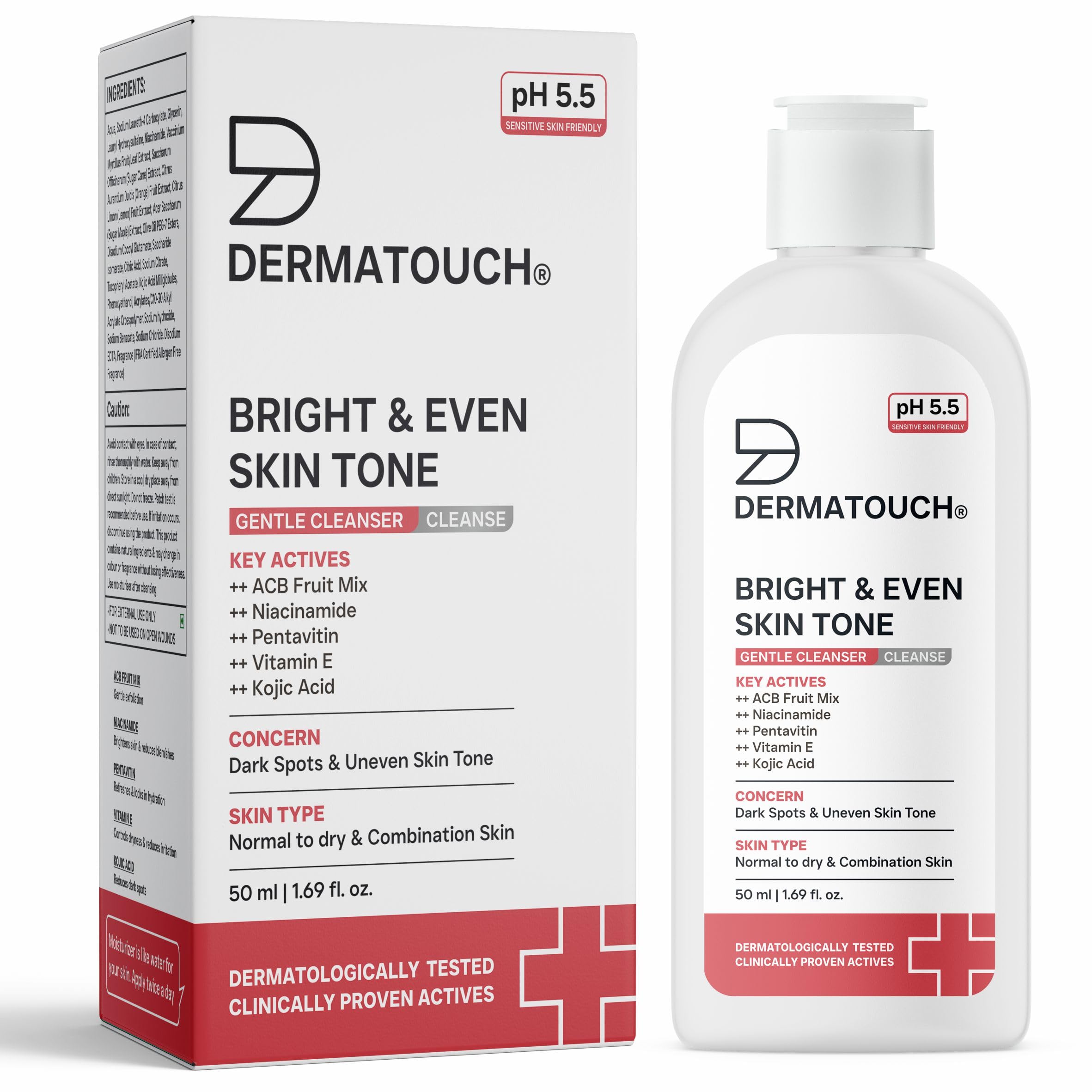 Dermatouch Bright & Even Skin Tone Gentle Cleanser | Helps Reduce Dark Spots & Uneven Tone | Ph 5.5 Daily Face Wash | 50Ml