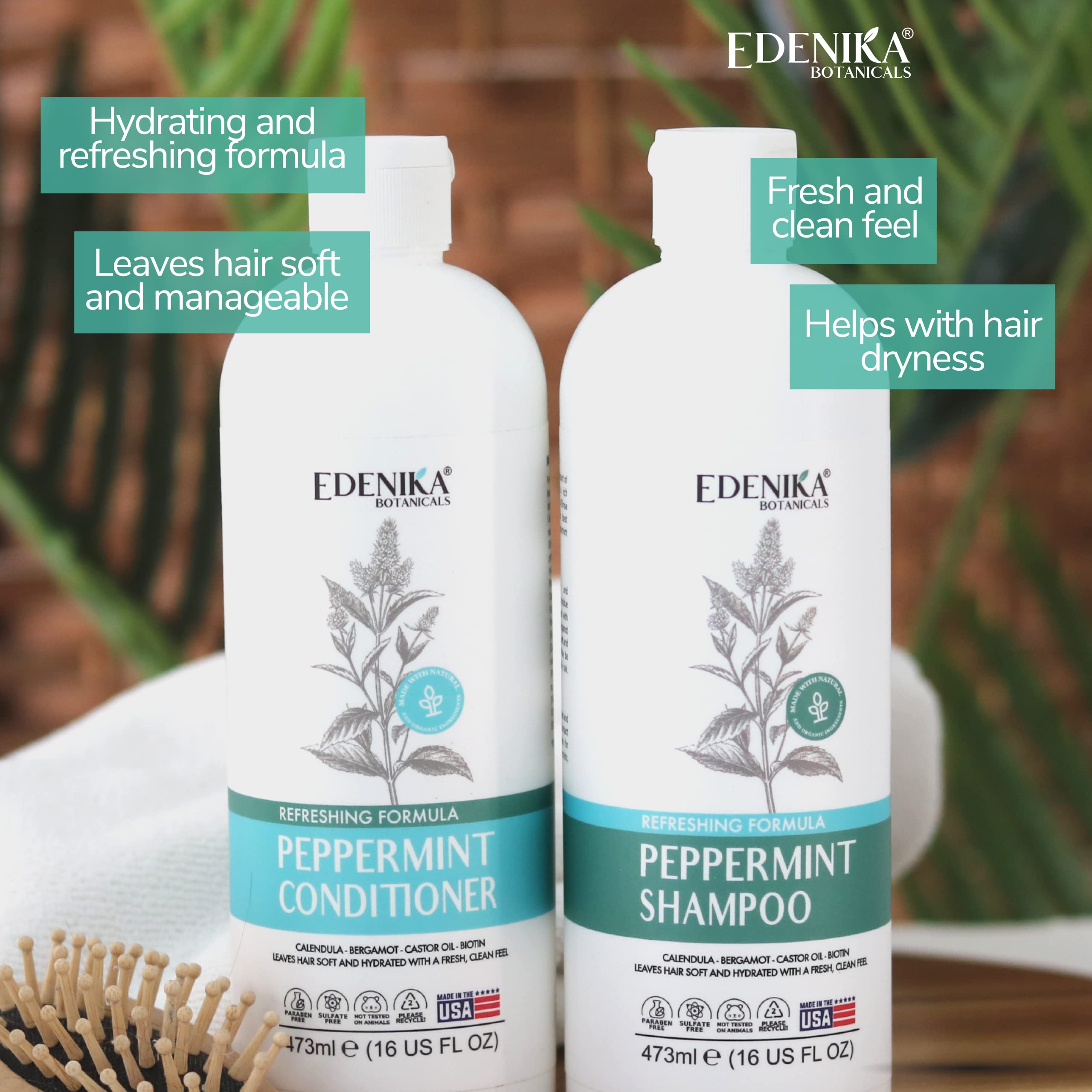 Edenika Botanicals Peppermint Shampoo and Peppermint Conditioner - Shampoo for oily Scalp and Split Ends - Peppermint Oil Mint S
