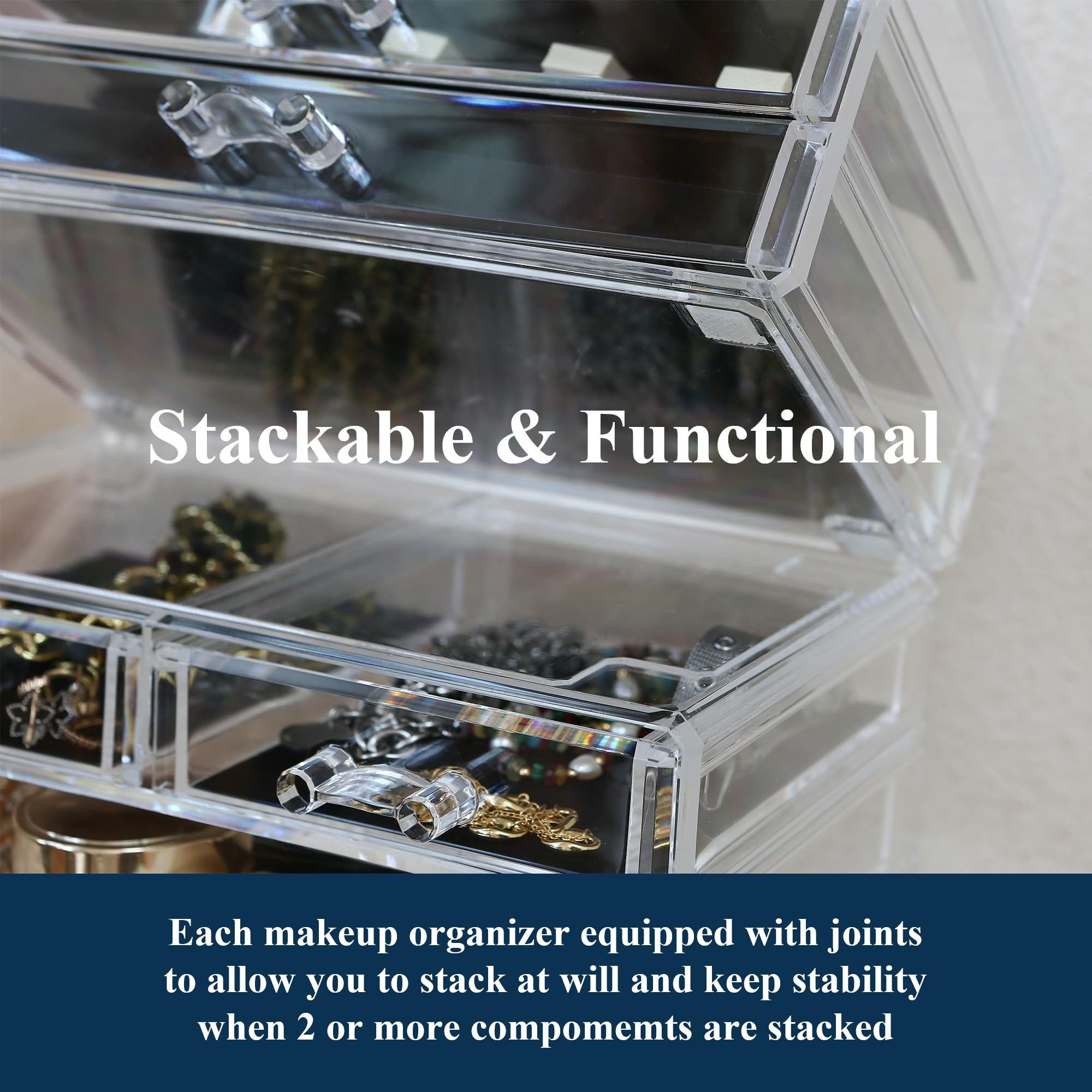 Sea Team Clear Makeup Organizer with Drawers, Acrylic Plastic Cosmetic Display Case, Jewelry Storage Box, Holder for Dresser, Ba