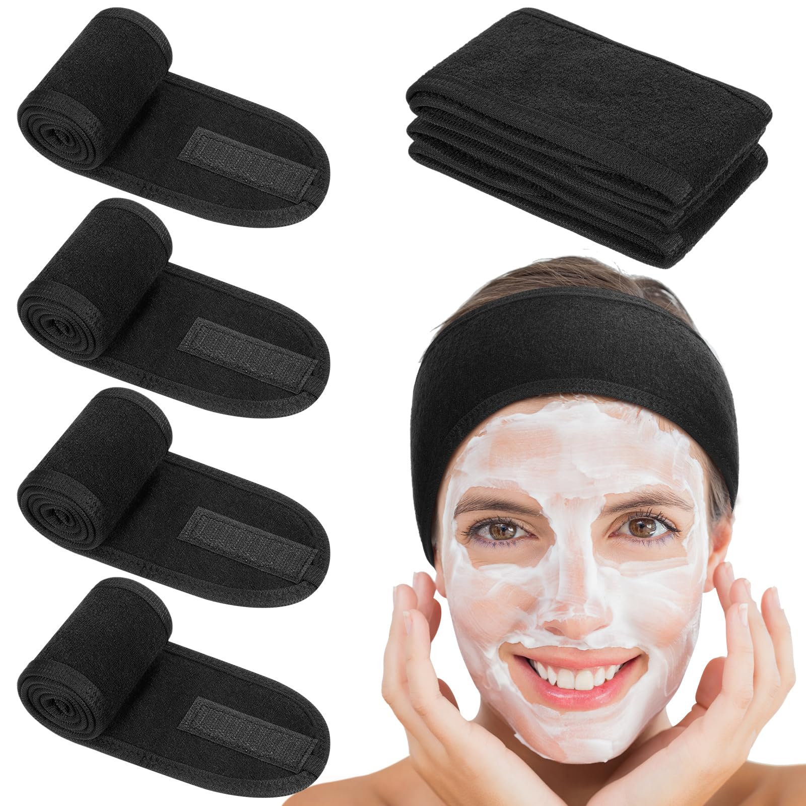 Obeoby 4 Pack Spa Facial Headbands For Women, Black Face Wash Headband Adjustable Make Up Wrap Head For Washing Face Shower Teen