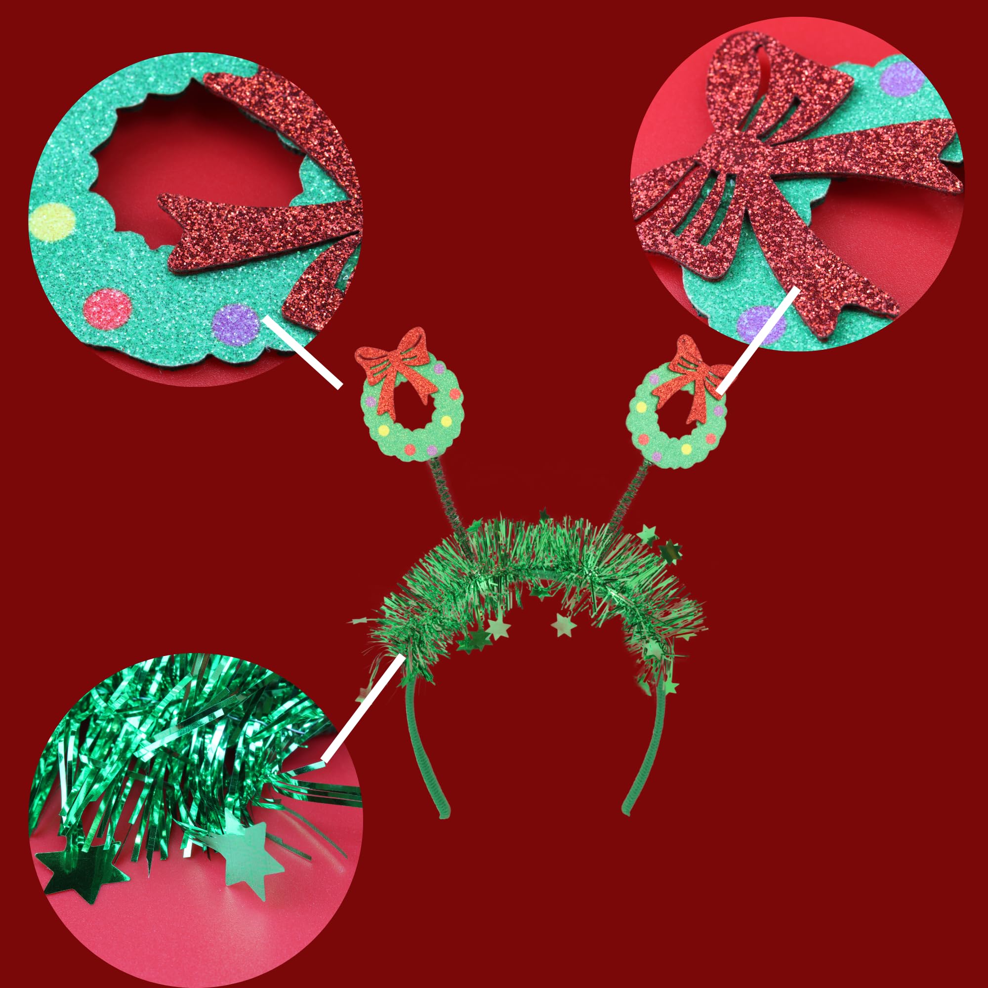 Needzo Glittery Christmas Bopper Headband, Festive Holiday Hair Accessory, One Size Fits Most, 9.5 Inches (Wreaths)