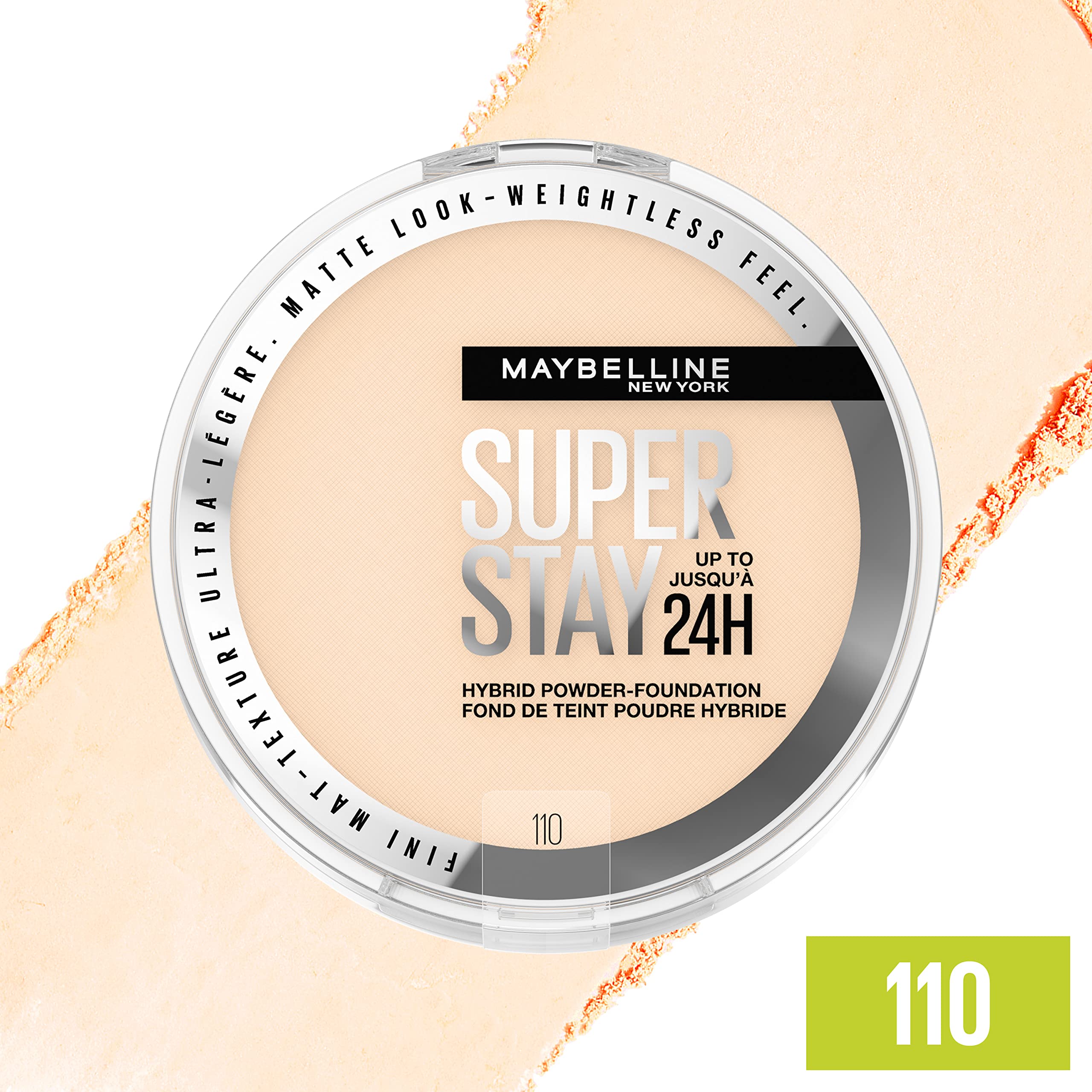 Maybelline Super Stay Up To 24Hr Hybrid Powder-Foundation, Medium-To-Full Coverage Makeup, Matte Finish, 110, 1 Count