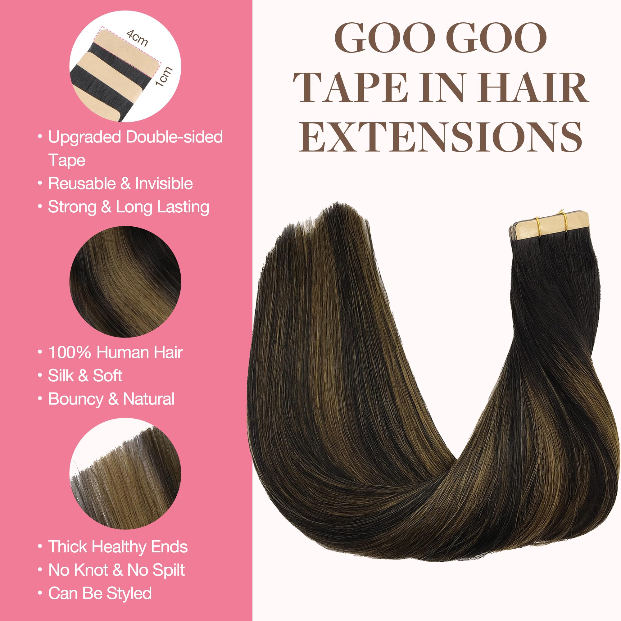 Goo Goo Tape In Hair Extensions Human Hair, 1B/6/1B Balayage Natural Black To Chestnut Brown, 10Inch 60G 40Pcs, Thick Ends Strai