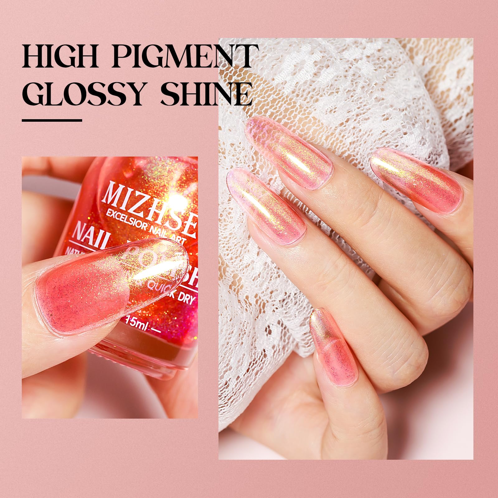 Mizhse Nail Polish Air Dry Fast, Holographic Neon Orange Nail Polish Quick Dry, 15Ml/0.5 Fl Oz Regular Shiny Shimmer Oil-Based G