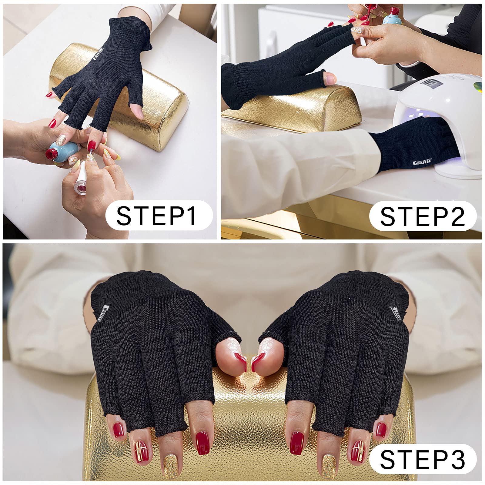 GSAFEME Gel Manicure Gloves, Anti-UV Fingerless, Large, Black, UPF50+ Cotton Moisturizing Gloves for Nail Art