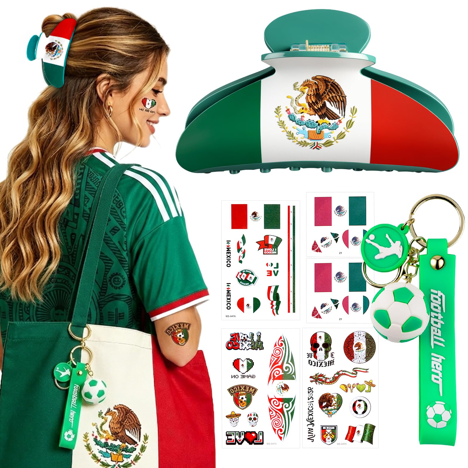 ANFONG Mexico Hair Claw Clip, World Cup Merchandise Gifts Set: World Cup Hair Accessories, Soccer Keychain & Mexico Flag Tattoos