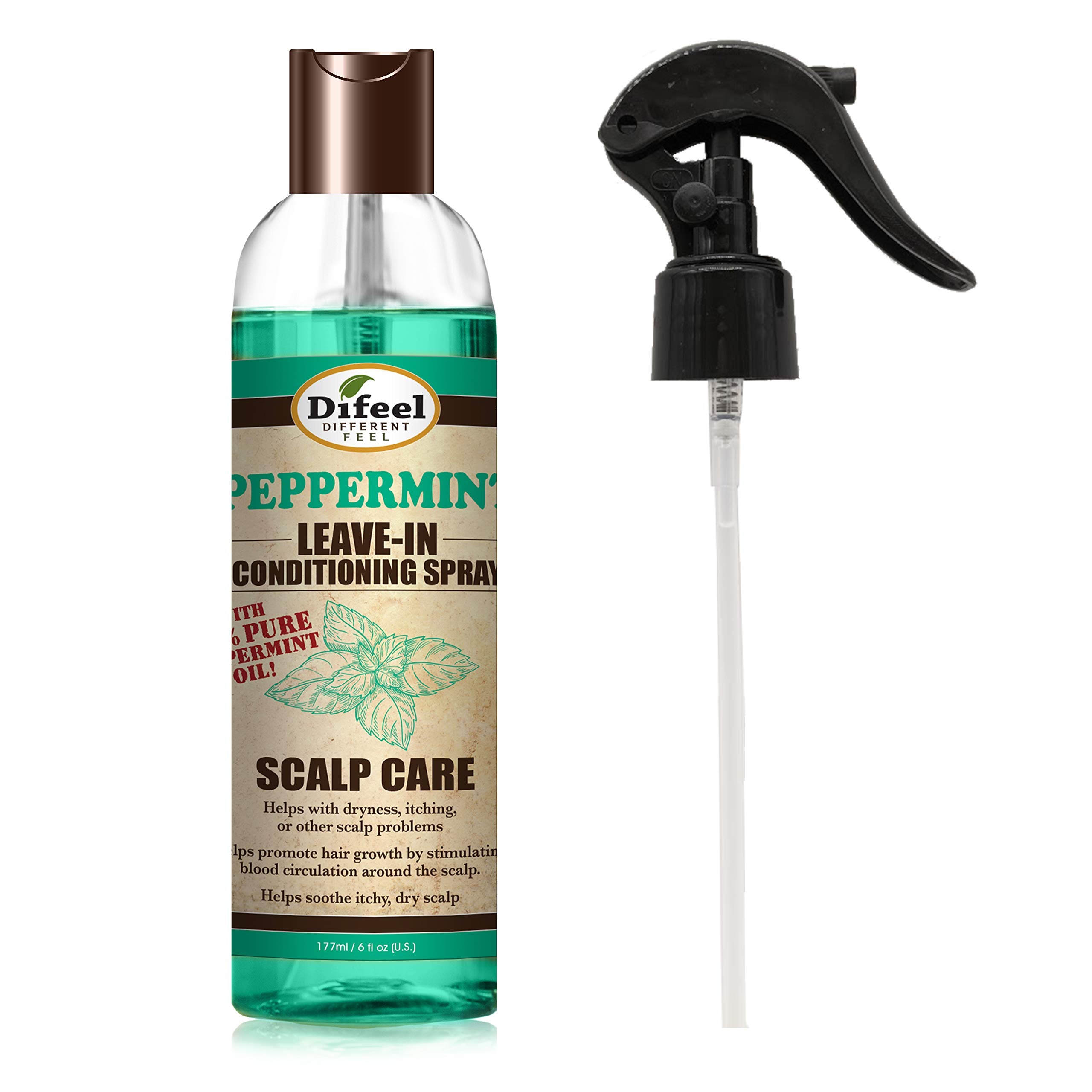 Difeel Scalp Care Leave in Conditioning Treatment  Peppermint Oil 6 oz. with Spray Cap & Dispensing Cap