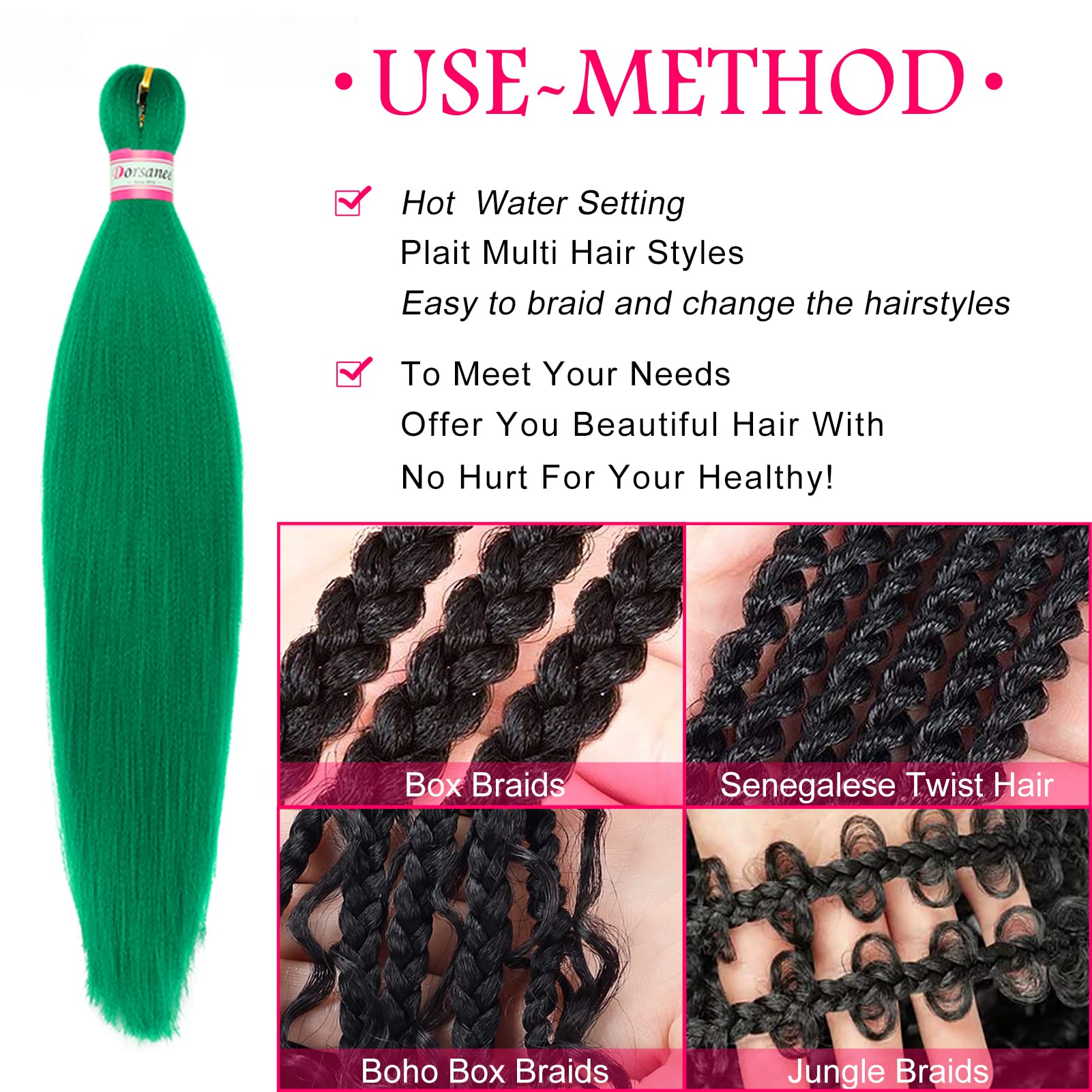Dorsanee Green Braiding Hair Pre Stretched 20 Inch 3 Packs Professional Easy Braiding Hair For Crochet Braids Twists Locs Hair S