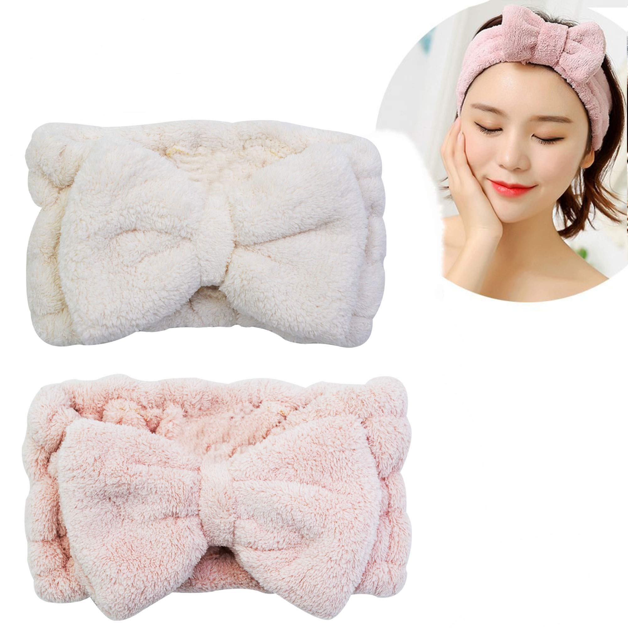 Chloven 2 Pack Microfiber Bowtie Headbands Facial Makeup Headband Cosmetic Bowknot Hairlace Wash Spa Yoga Sports Shower Adjustab