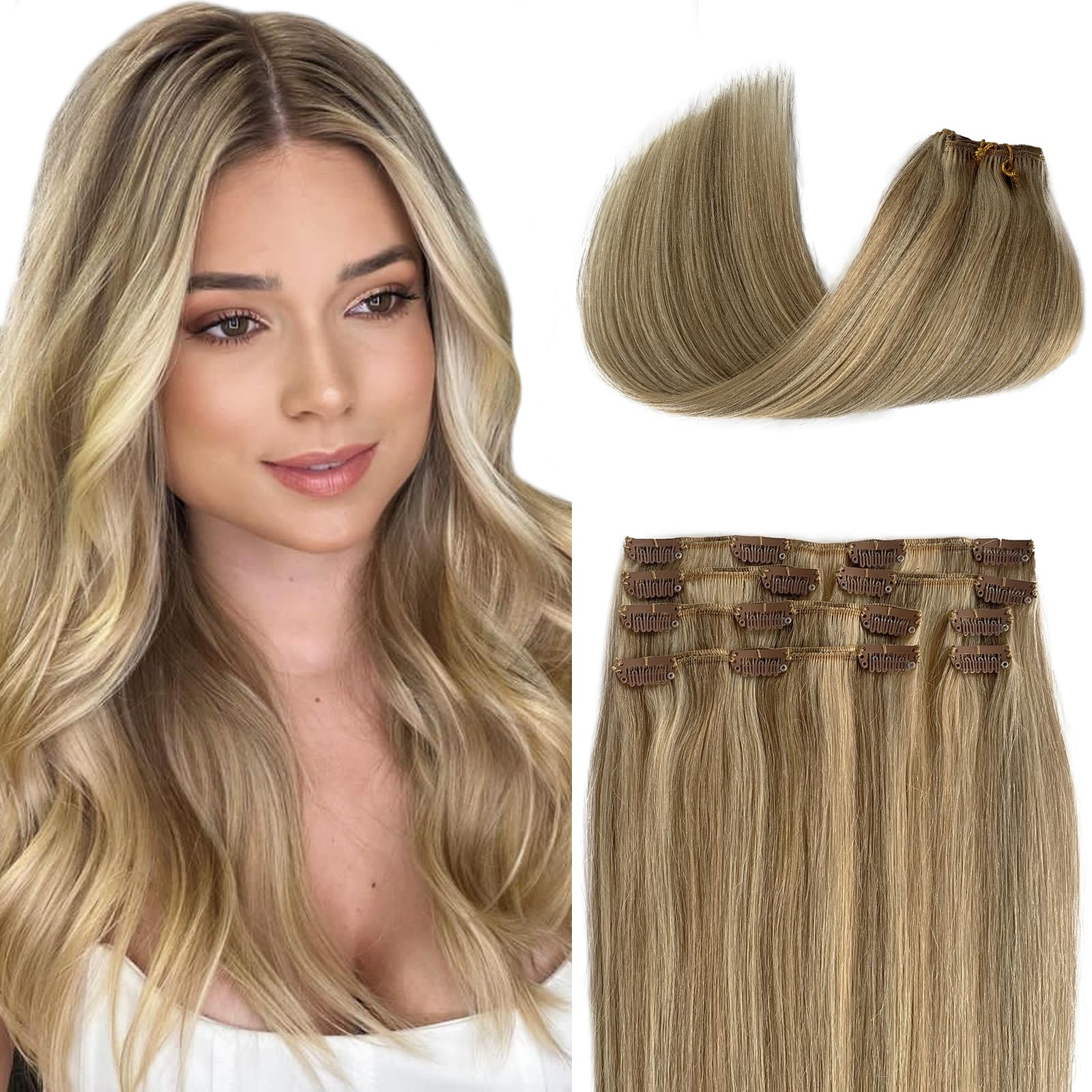 Clip In Hair Extensions Human Hair Blonde Highlight Real Hair Clip In Extensions For White Women 15 Inch Short Straight Beige Bl