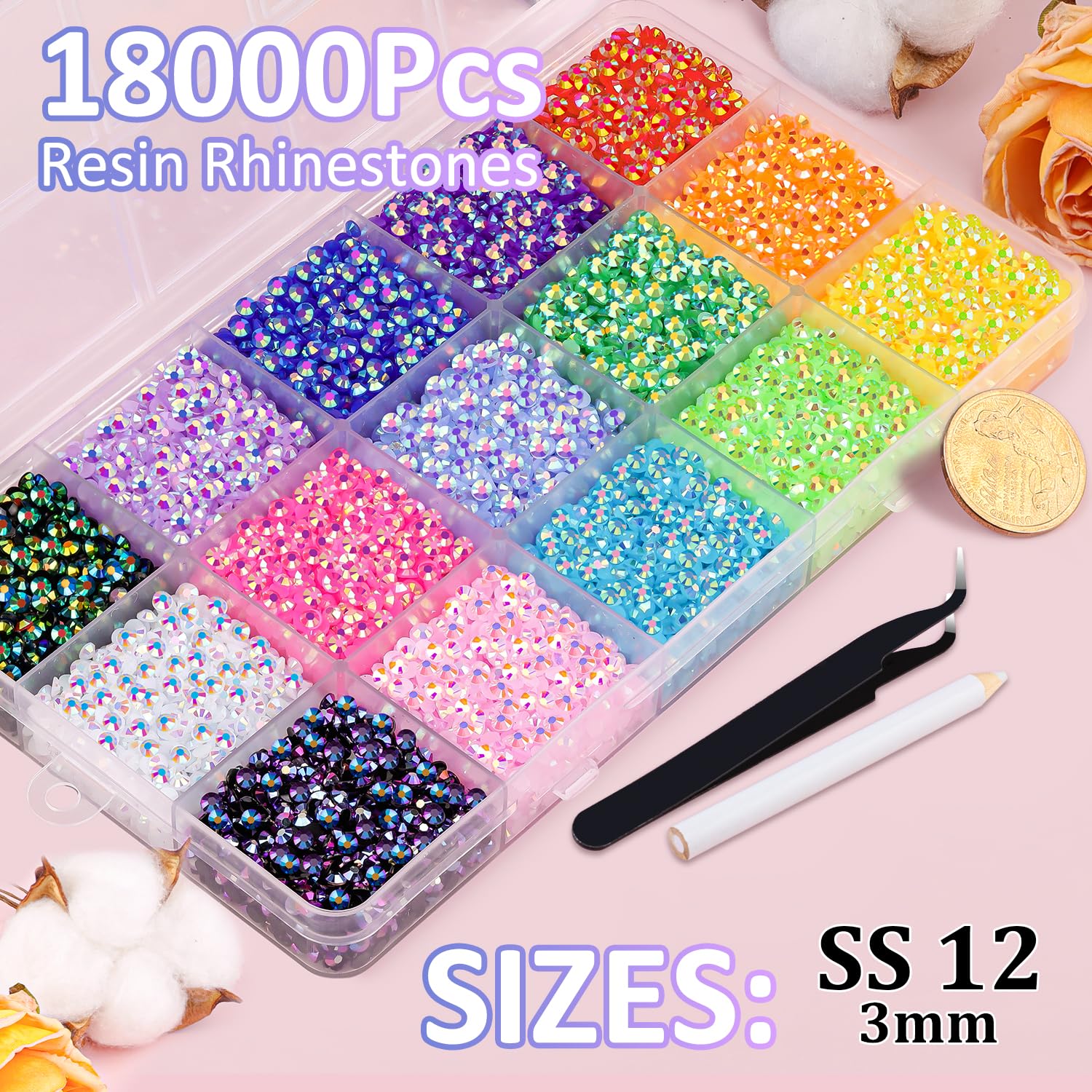 18000Pcs Resin Jelly Rhinestones With Tweezers For Crafting, Mixed-Color 3Mm Flatback Gems, Bedazzling Crystal For Diy Crafts Cl