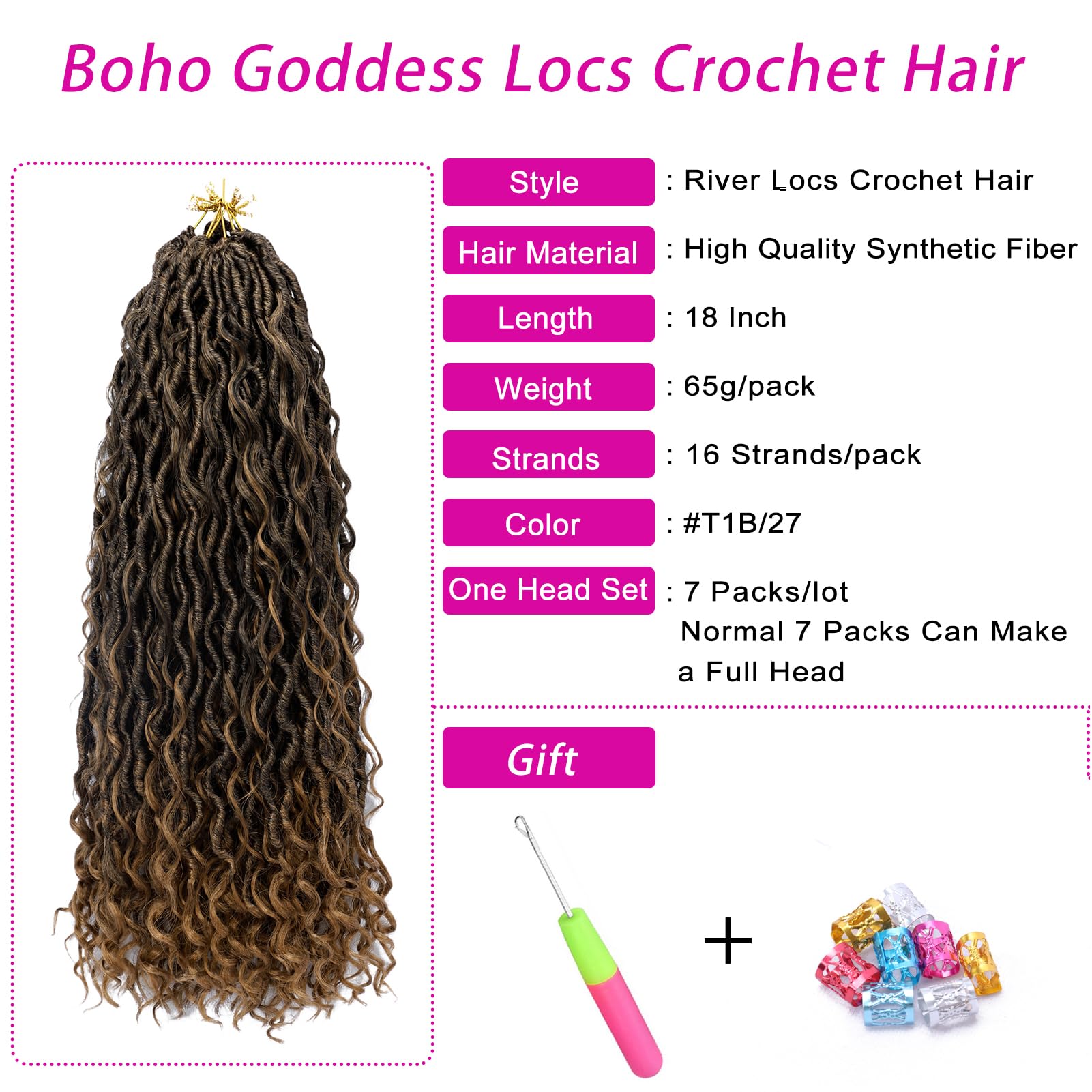 Goddess Locs Crochet Hair 18 Inch 7 Packs Ombre Boho Faux Locs Crochet Hair for Black Women Pre Looped Crochet Locs with Curly E