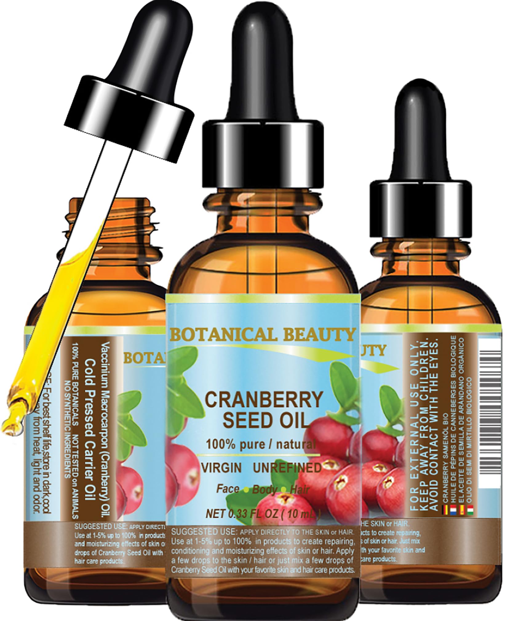 Cranberry Seed Oil 100% Pure/Natural. Cold Pressed/Undiluted. For Face, Hair And Body. 0.33 Fl.Oz.- 10 Ml. By Botanical Beauty