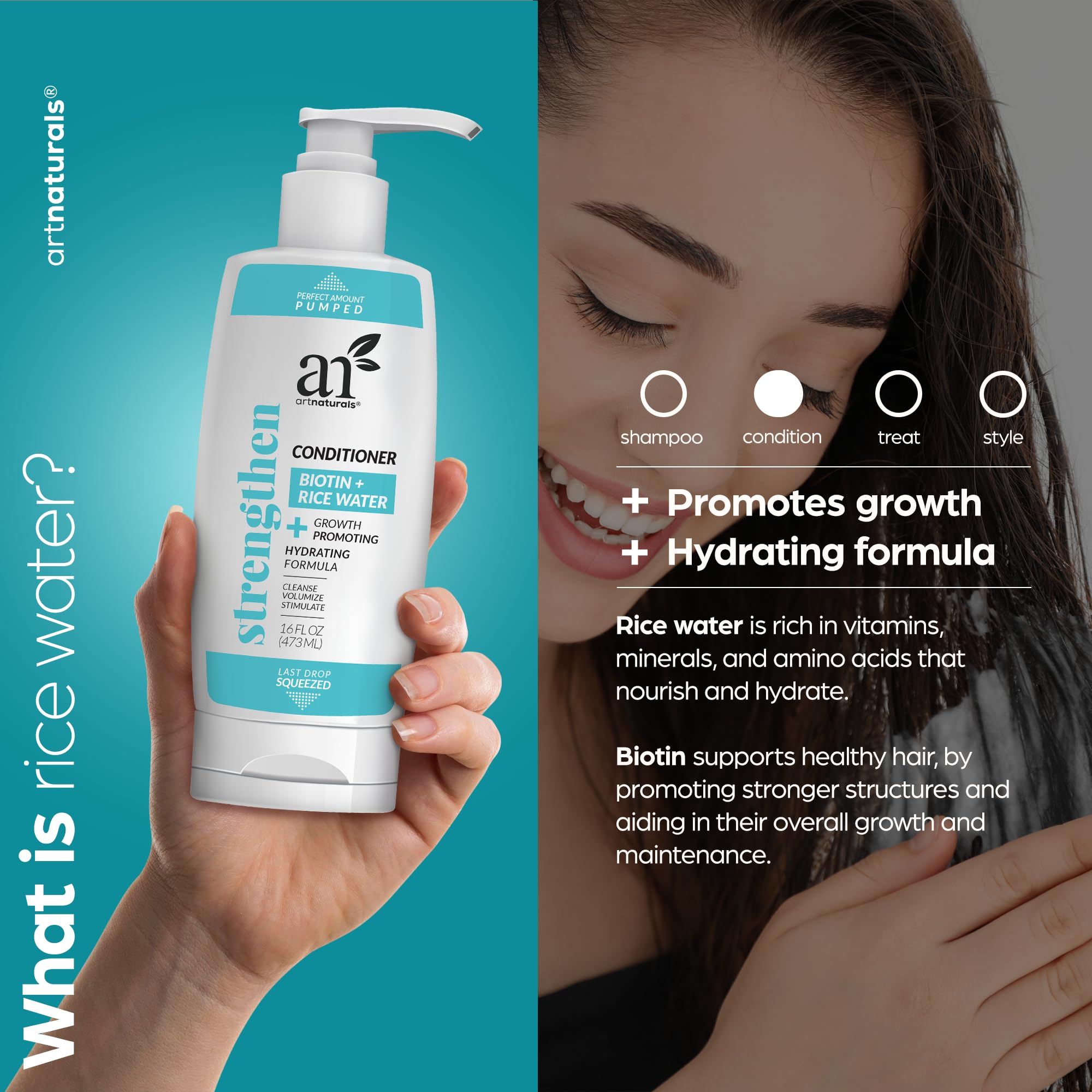 Artnaturals RiceWater + Biotin Conditioner - (16 Fl Oz / 473ml) - Sulfate Free - Dual Bottle - Made with Banana, Quinoa, and Coc