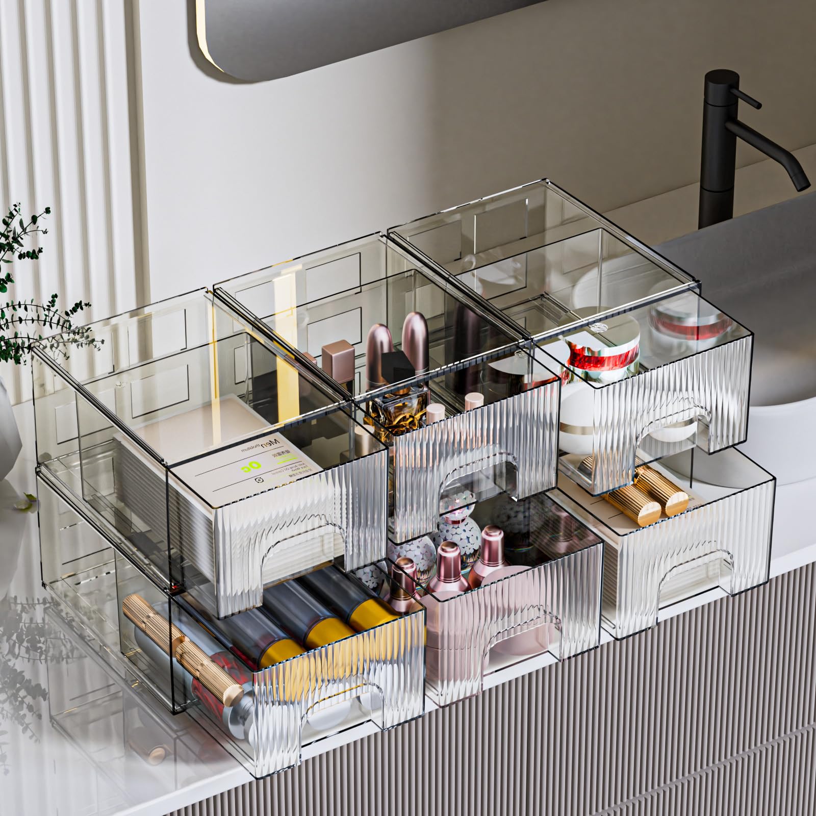 Zhiai 6 Pack Clear Stackable Storage Drawer, Acrylic Drawer, Cosmetic Organizer, Plastic Organizer For Dresser, Under, Kitchen C