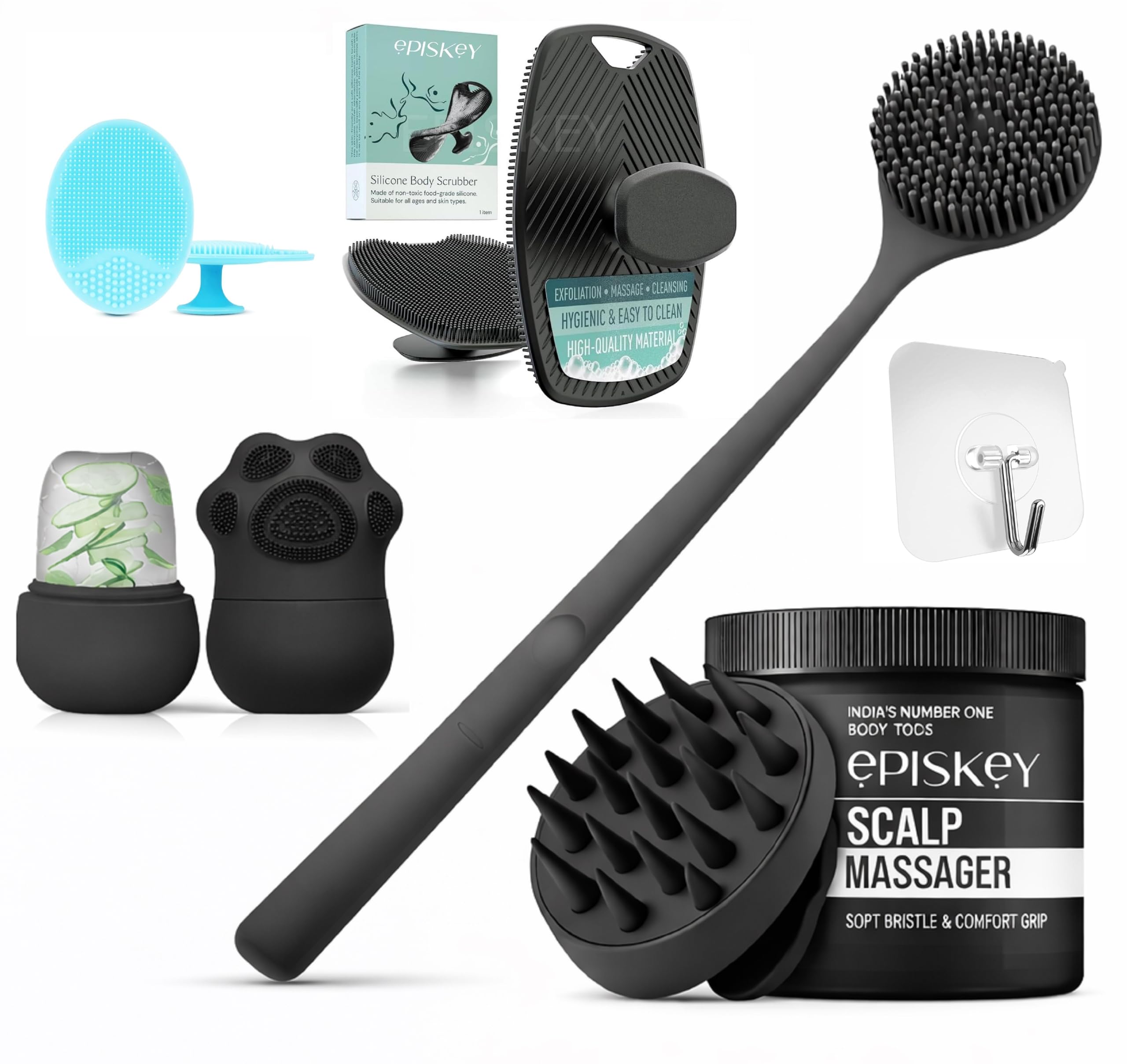 Episkey Soft Silicone Back Scrubber Long Handle Bath Brush + Body Scrubber Bath Brush + Scalp Massager For Hair + Face Scrubber 