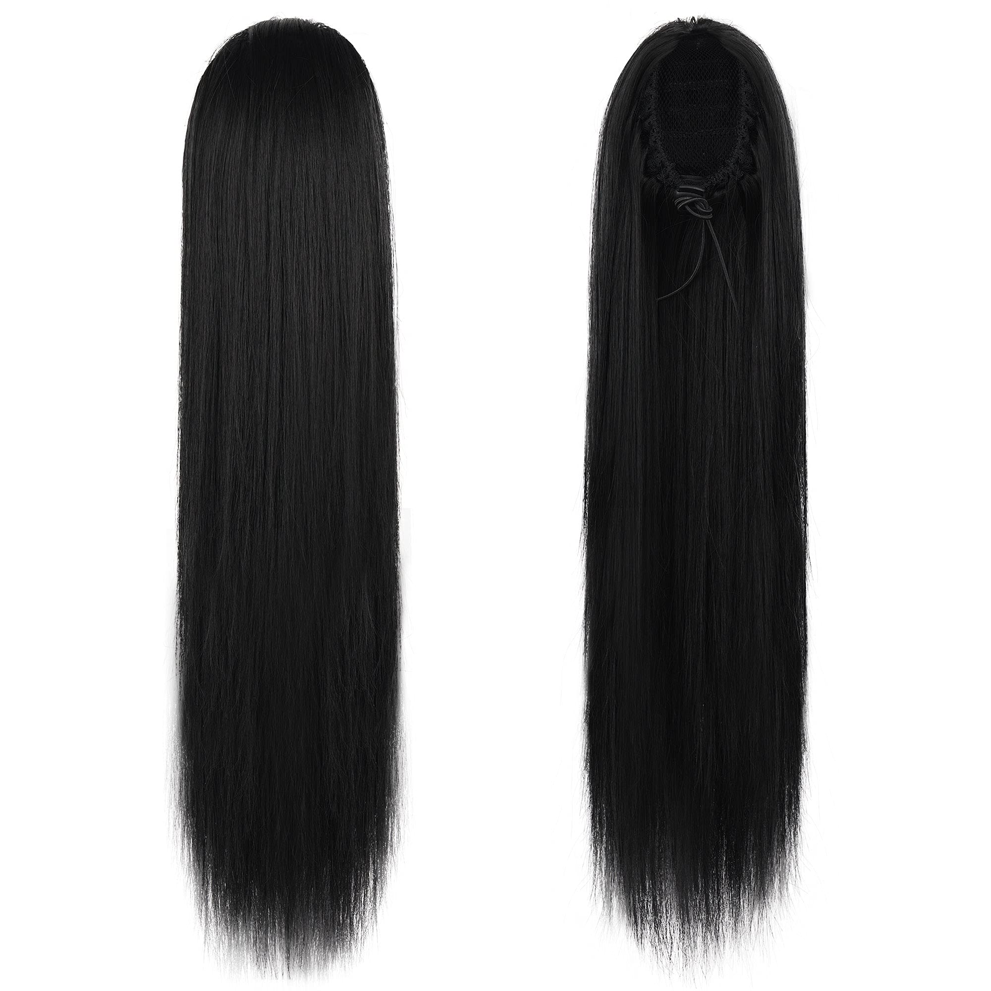 BARSDAR 16 In Drawstring Ponytail Extensions, Short Straight Clip in Black Ponytail Hair Extensions Synthetic Fluffy Pony Tails