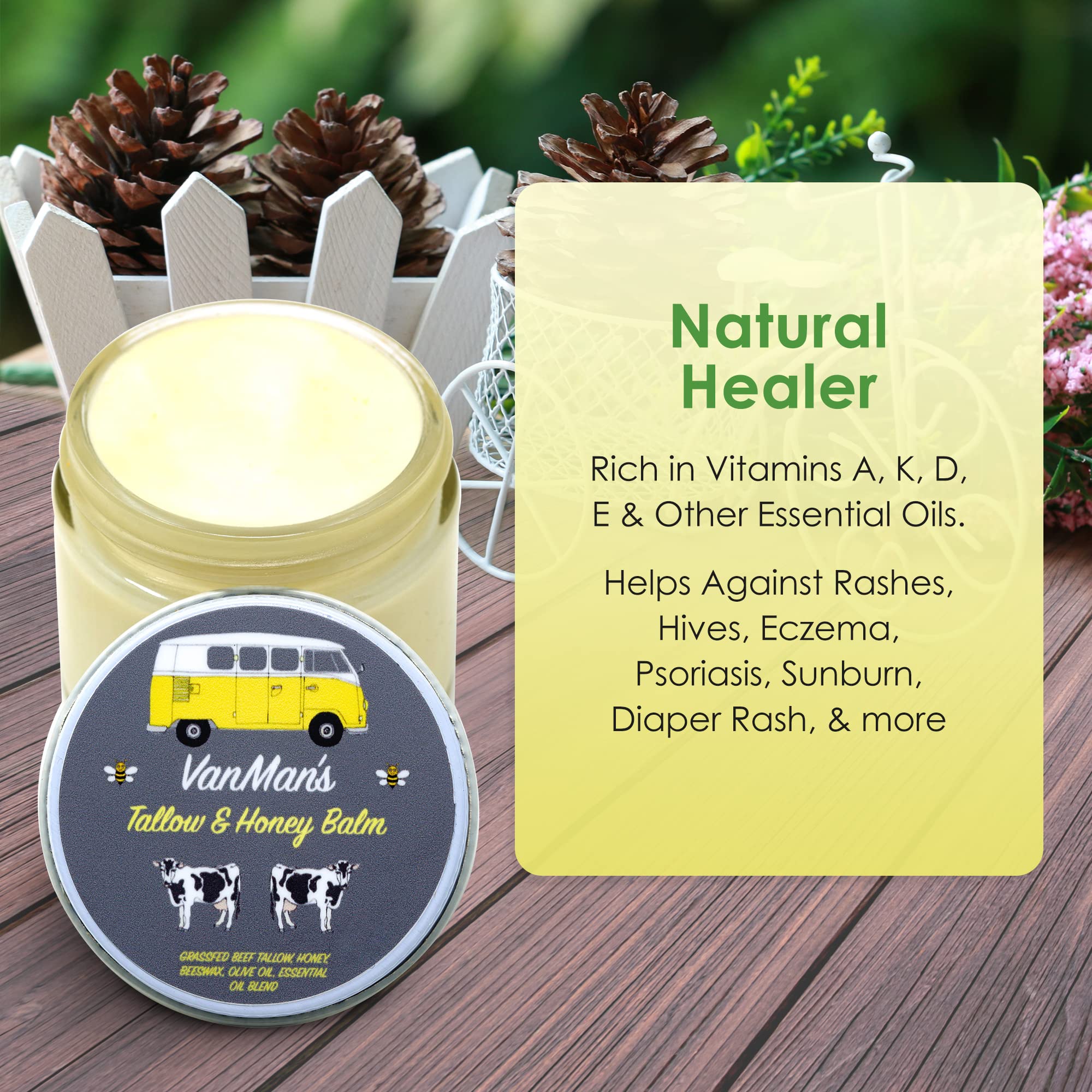 Vanman's Tallow and Honey Balm (2 oz) - Grass Fed Beef Tallow & Honey Balm w/Vitamins A, K, D, E, & Essential Oils - Tallow Mois