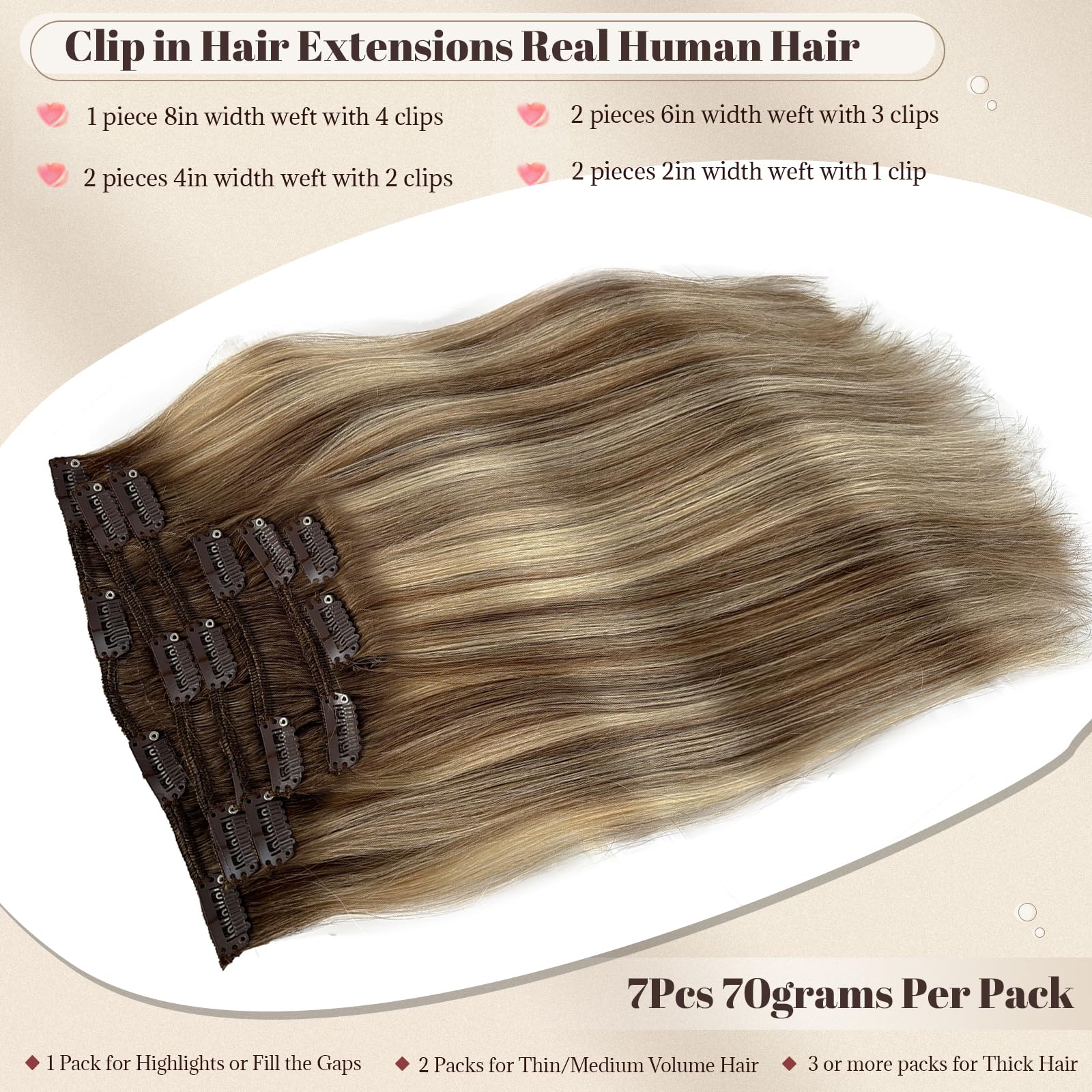 Licoville Clip In Hair Extensions Human Hair, 8T8/613 Balayage Ash Brown To Bleach Blonde Real Human Hair Extension Clip Ins 20