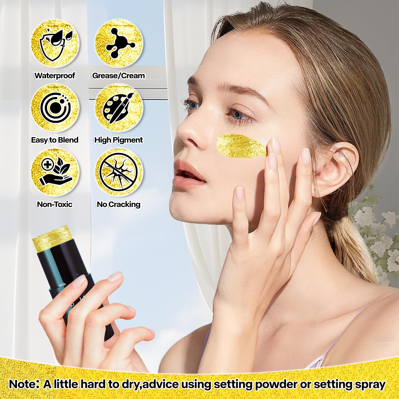 Go Ho Cream-Blendable Gold Face Paint (1.06 Oz),Waterproof Gold Face Paint Stick For Halloween Cosplay Zombie Vampire Skeleton C