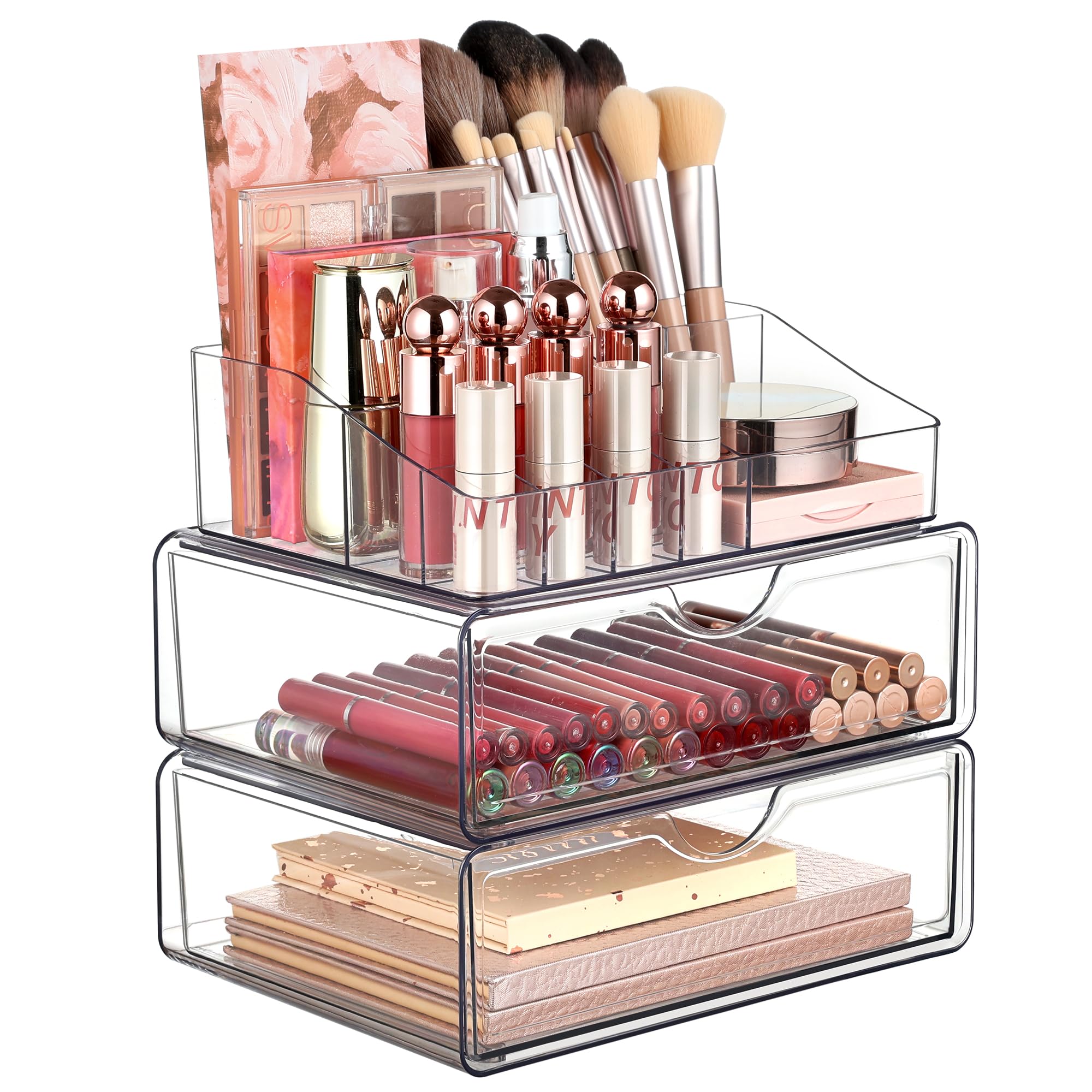 Vtopmart 3 Tier Clear Makeup Organizer With Drawer, Cosmetic Storage For Dresser Countertop And Bathroom Vanity, Beauty Holder F