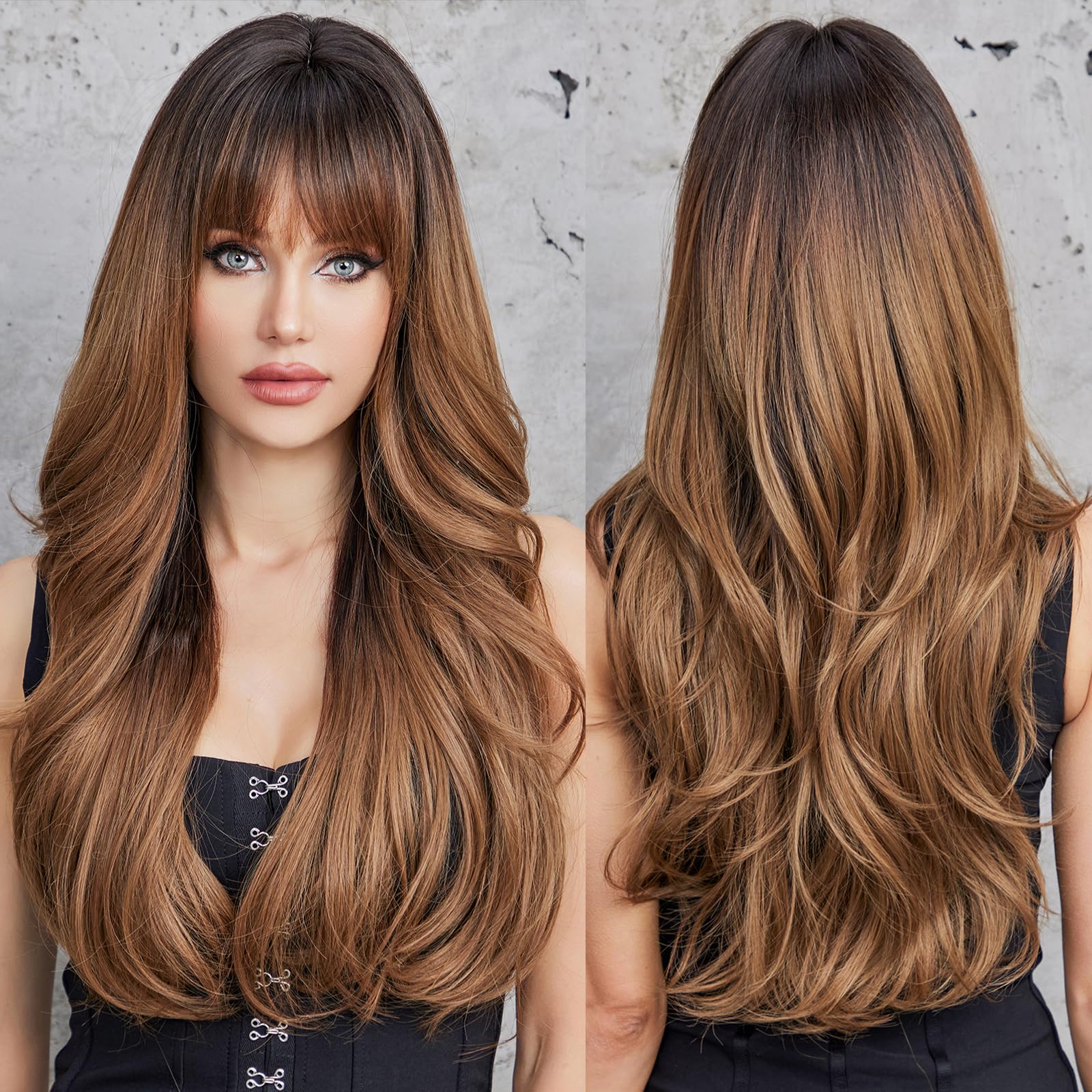 HAIRCUBE Ombre Brown Wigs with Bangs Synthetic Women's Wig Long Wavy Layered Heat-Resistant Wig for Daily Use Natural and comfor