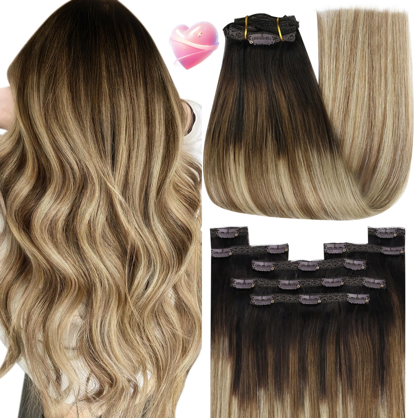 YoungSee Balayage Clip in Hair Extensions Short Straight Hair Clip in Extensions Darkest Brown Roots to Medium Brown with Blonde