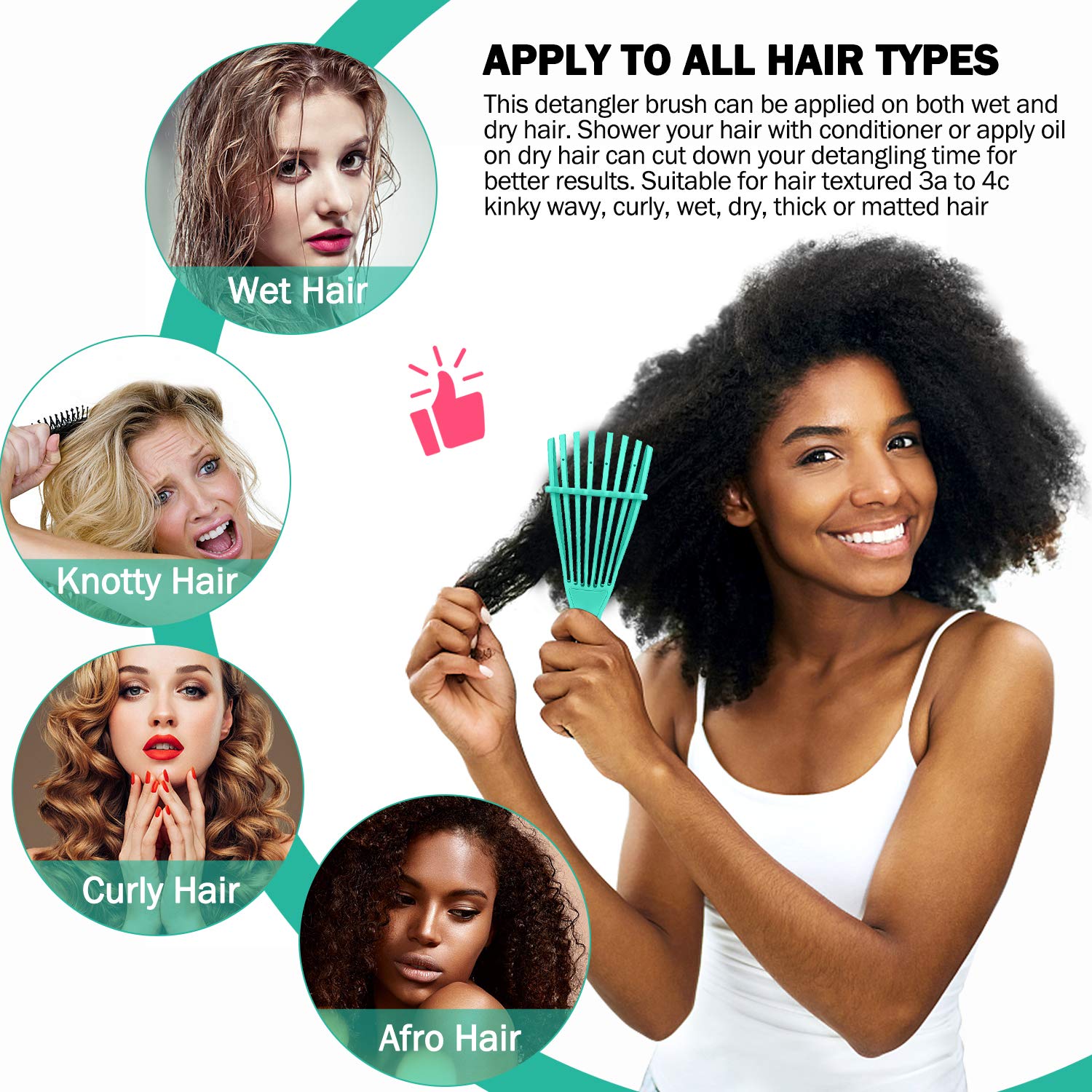 KPX Detangling Brush for Afro Hair, Nylon, Size 3, Pink + Green + Black, Ideal for Kinky, Wavy, Curly, Wet, or Dry Hair