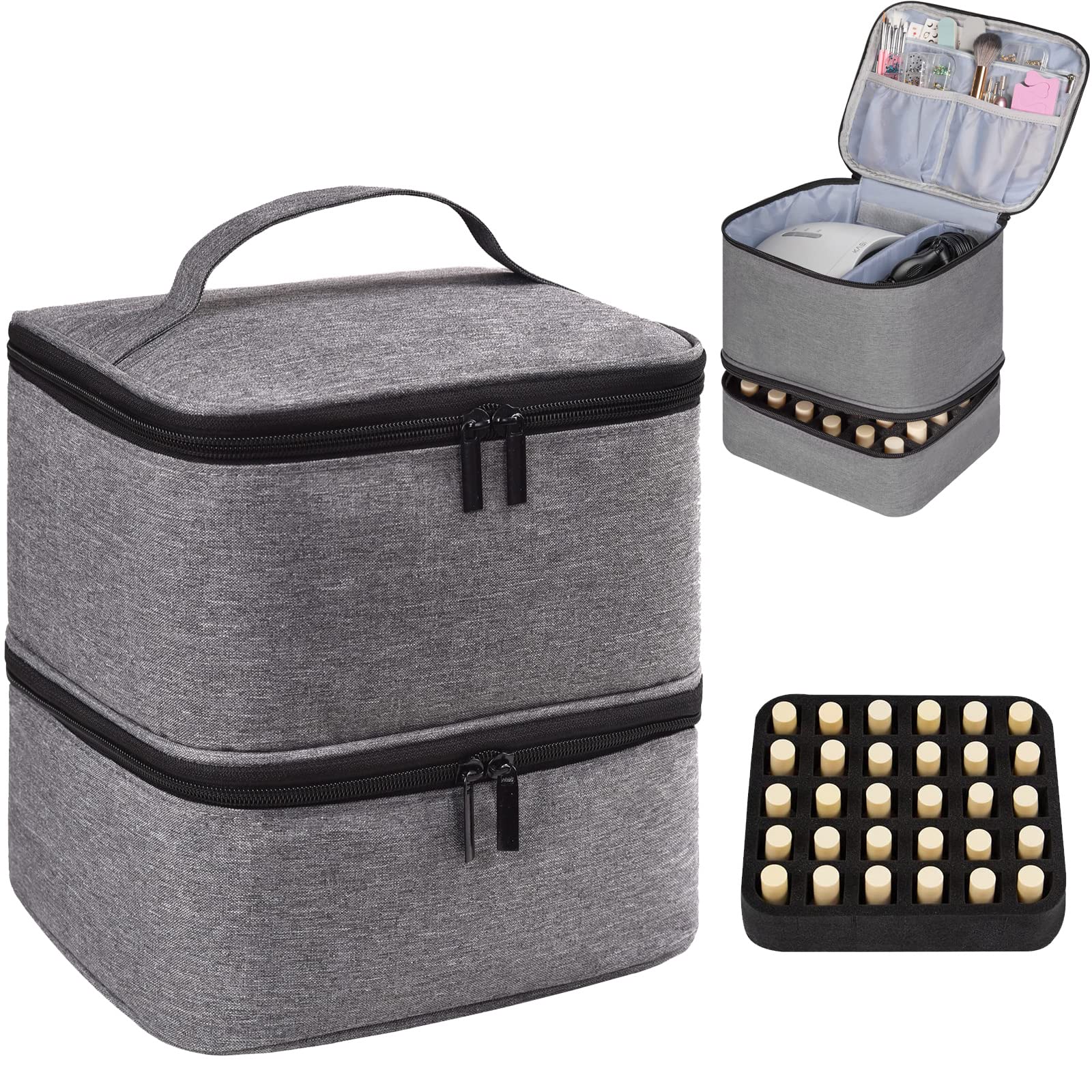 Nail Polish Organizer Holds 30 Bottles (15ml) and 1 Nail Light Nail Polish Carrying Case with Storage Pockets for Manicure Tools