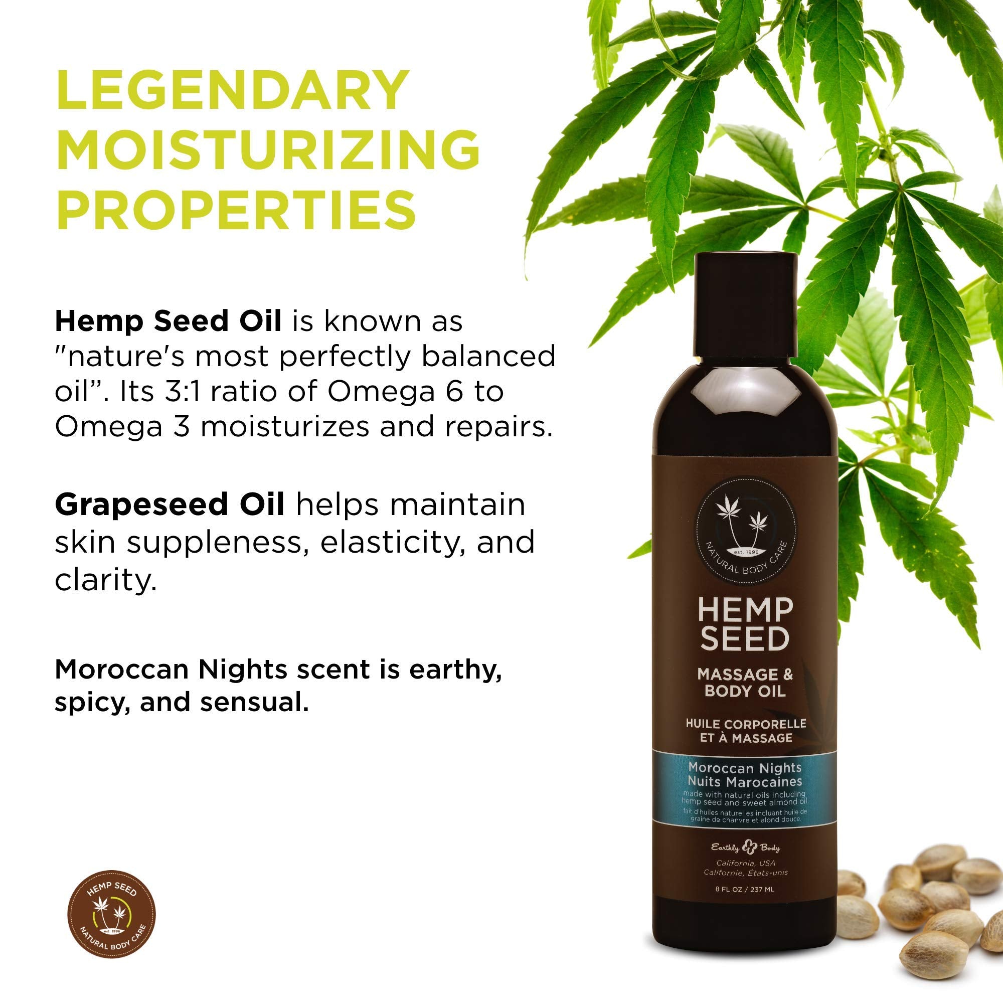 Hemp Seed Massage & Body Oil, Moroccan Nights Scent - 8 fl. oz. - Nourishing, Moisturizing Massage Oil - Hemp Seed, Apricot, Gra