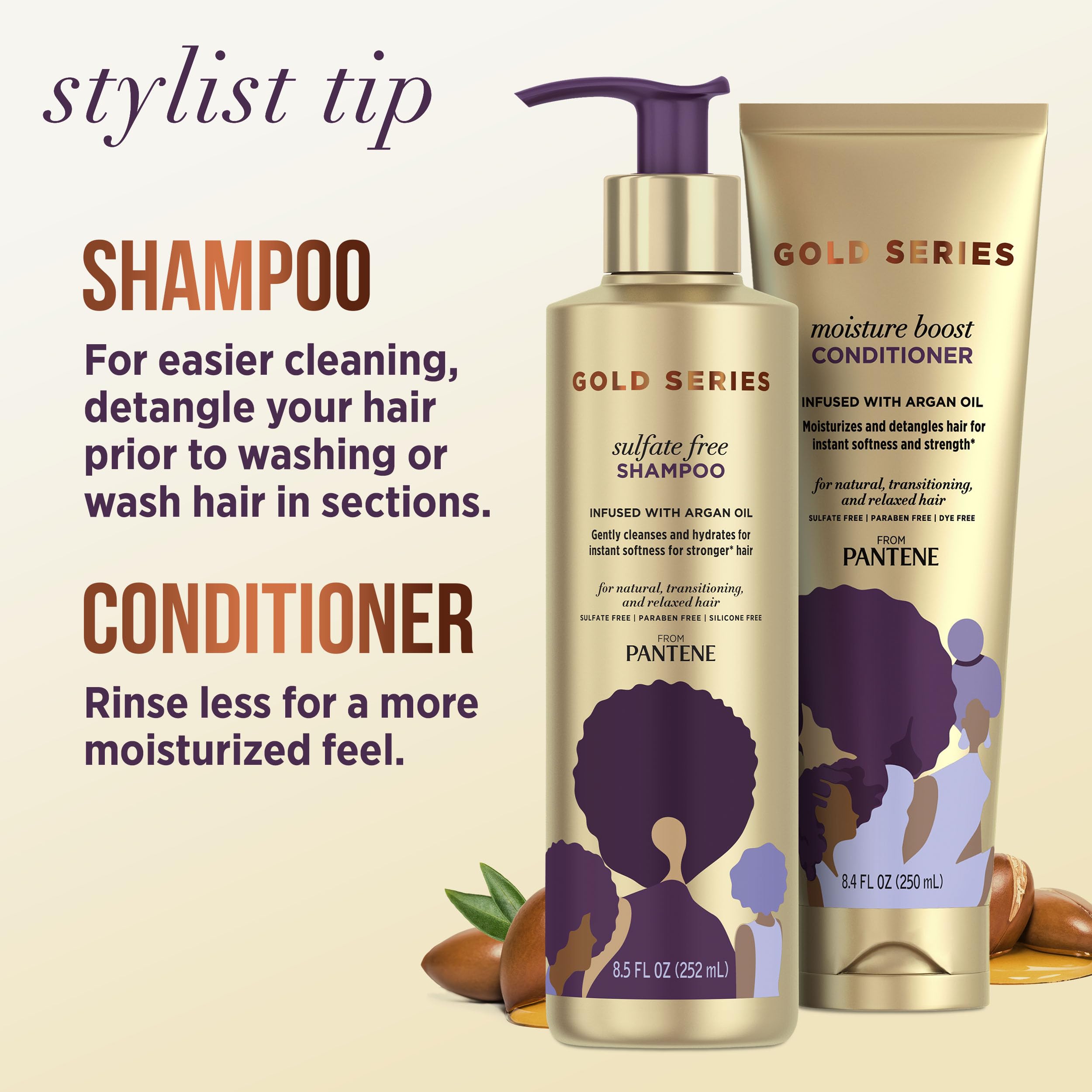 Pantene Shampoo and Sulfate Free Conditioner Kit, with Argan Oil, Pro-V Gold Series, for Natural and Curly Textured Hair, 16.9 f