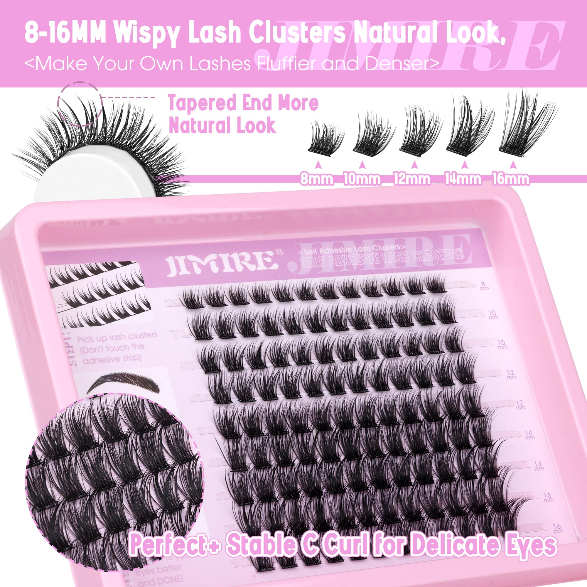 Jimire Self Adhesive Eyelashes Natural Wispy 8-16Mm Pre Glued Lash Clusters No Glue Needed Press On Lashes With Tweezers Reusabl