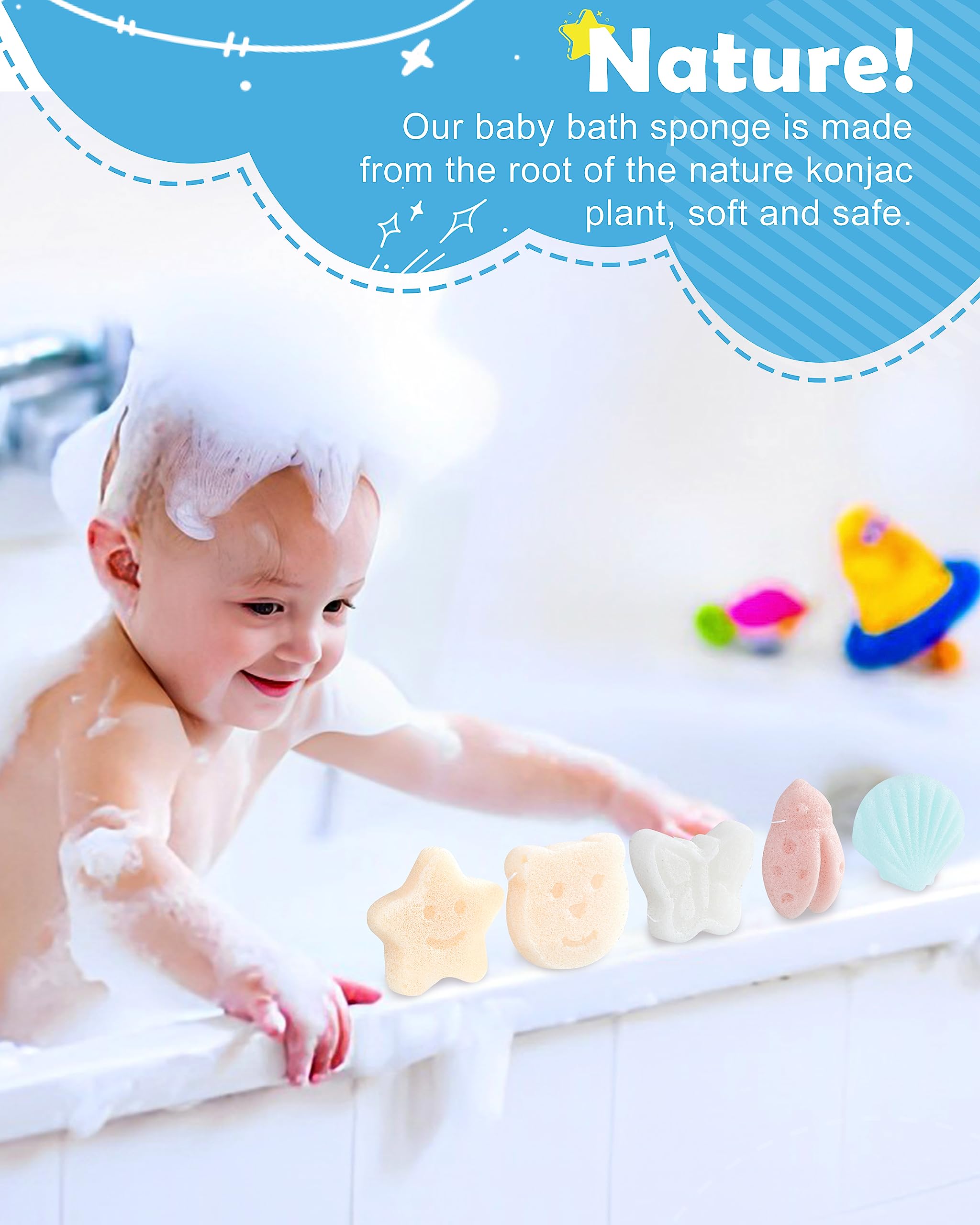 Mohern Konjac Baby Sponge For Bathing, 5Pcs Natural Cute Shapes, Kids Bath Sponges For Infants, Toddler Bath Time, Plant-Based,