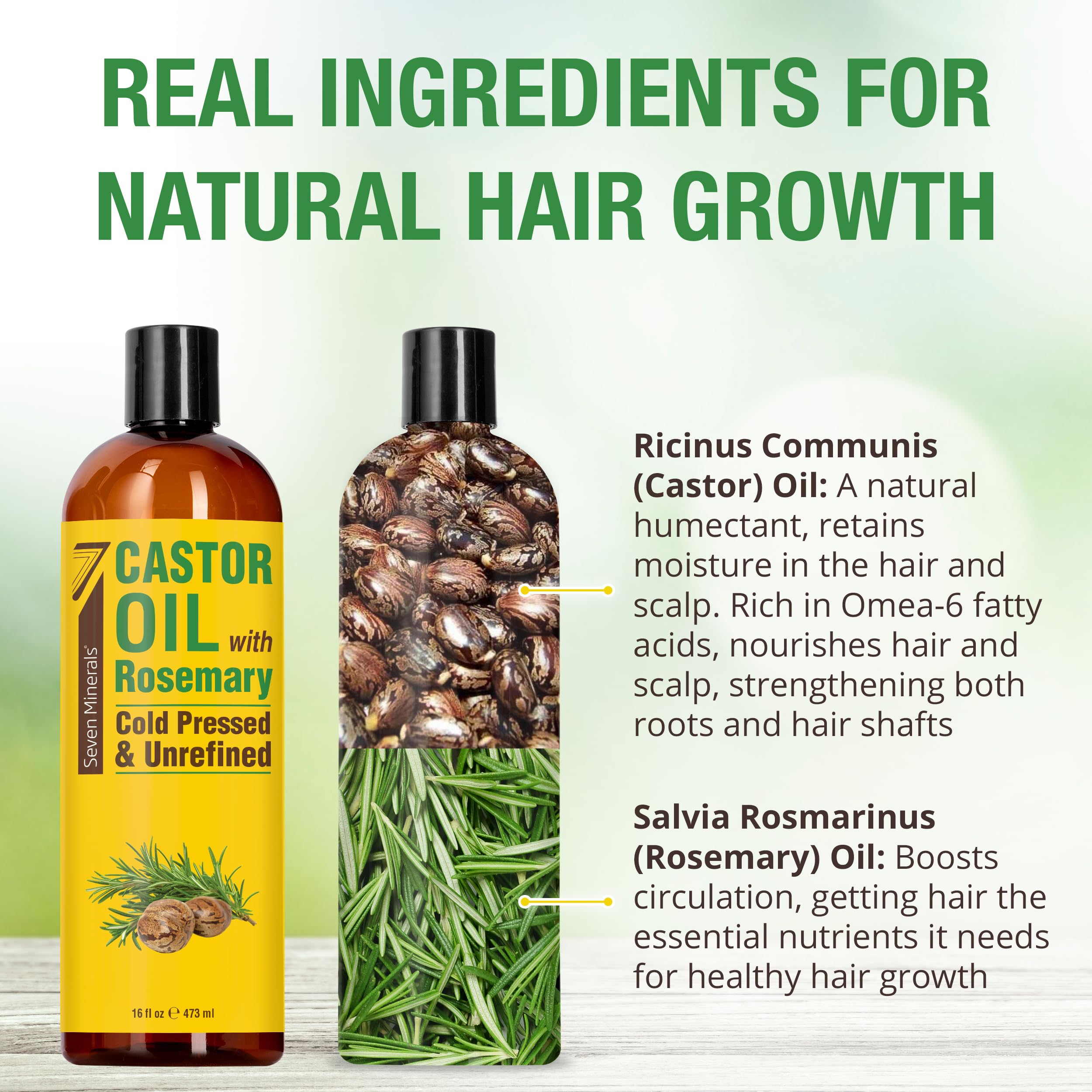 Seven Minerals Cold Pressed Castor Oil With Rosemary - 16 Fl Oz Bottle - Unrefined & Hexane Free - Hair Growth, Thicker Eyelashe