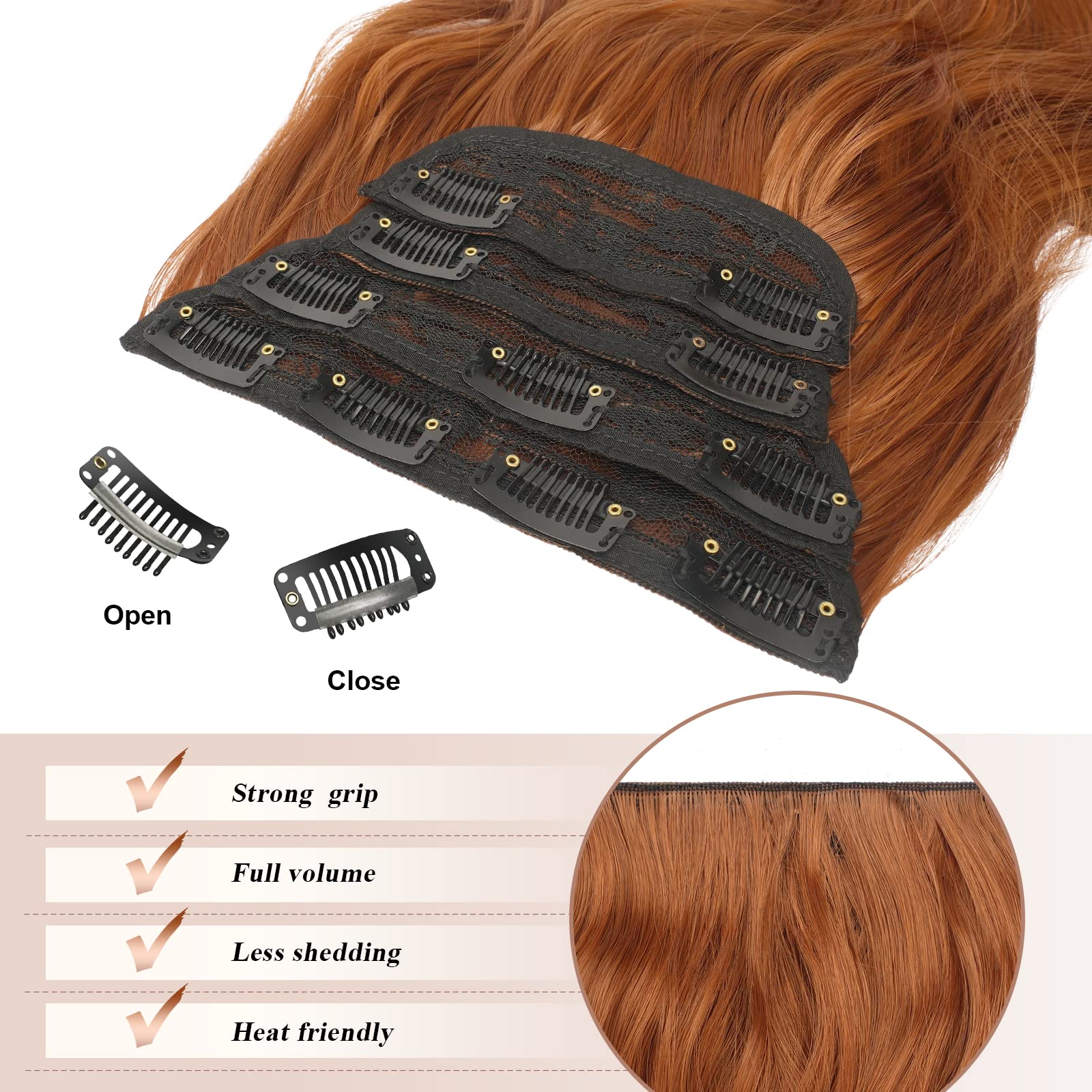 FESHFEN Clip in Hair Extensions - 4 PCS Long Wavy Copper Red Thick Clip in Hairpieces Full Head Synthetic Hair Extension for Wom