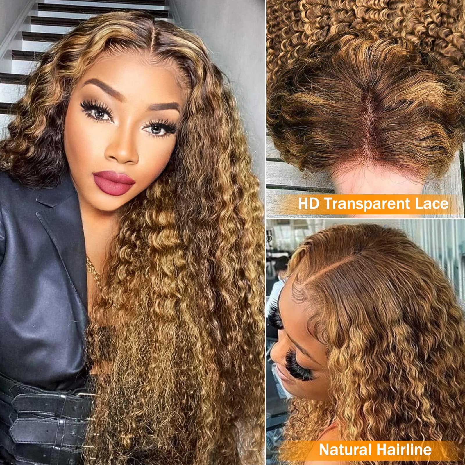 Highlight Lace Front Wigs Human Hair Deep Wave For Black Women 180% Density #4/27 Ombre Honey Blonde Colored Glueless Pre Plucke