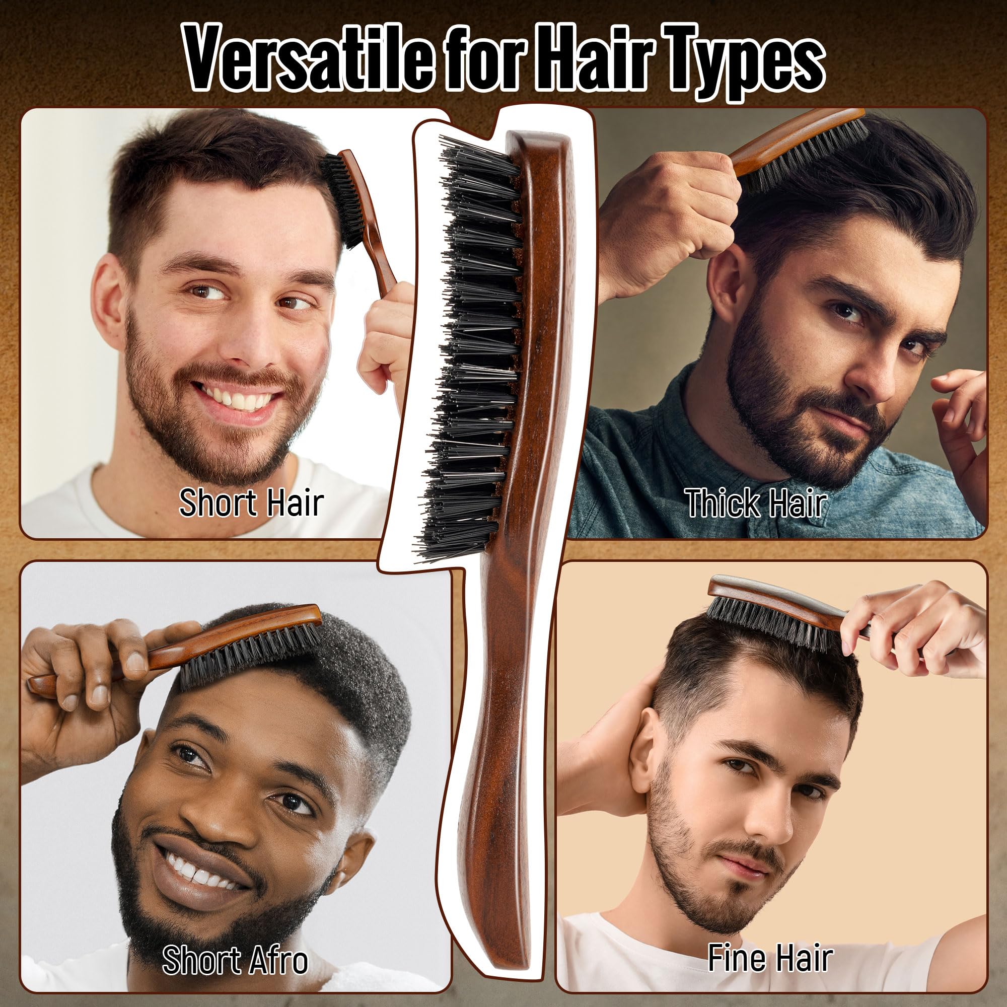 Nylon Hair Brush For Men, Mens Slick Back Hair Brush With Stiff Bristles & Wooden Walnut Handle For Thick & Fine Hair Smoothing,