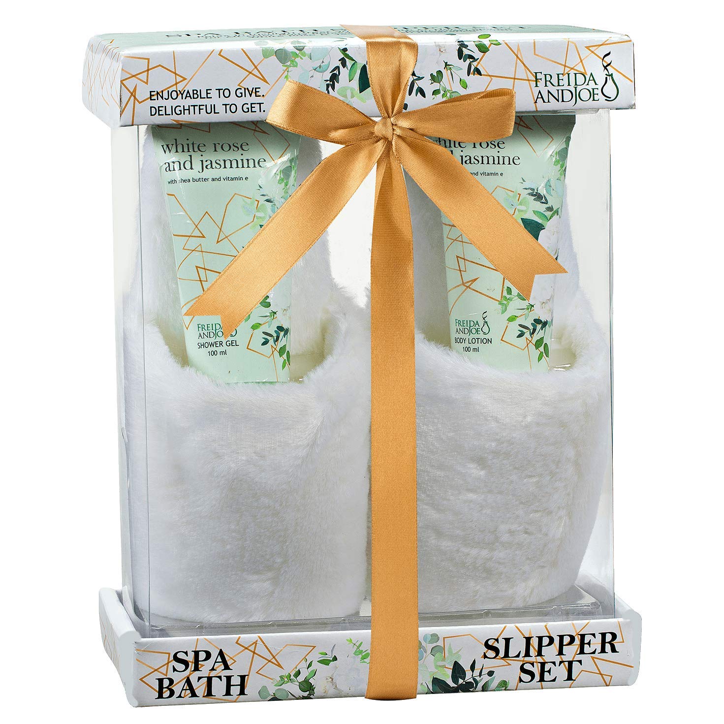 Home Spa Slippers Set Bath Gift Basket - White Rose Jasmine Fragrance - - Contains Body Lotion And Shower Gel, Plush Cozy Close