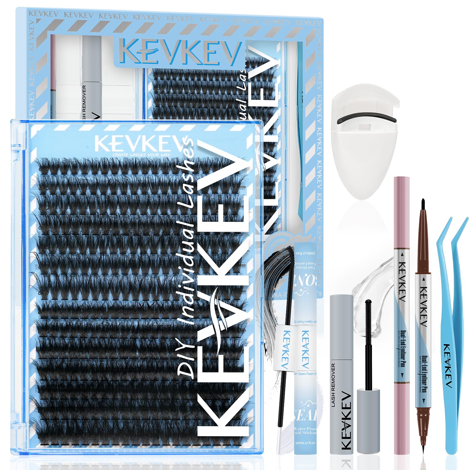 KevKev Lash Extension Kit Eyelash Extension Kit 280Pcs 3D Effect Lash Clusters with Lash Bond and Seal Lash Remover Dual-End Eye