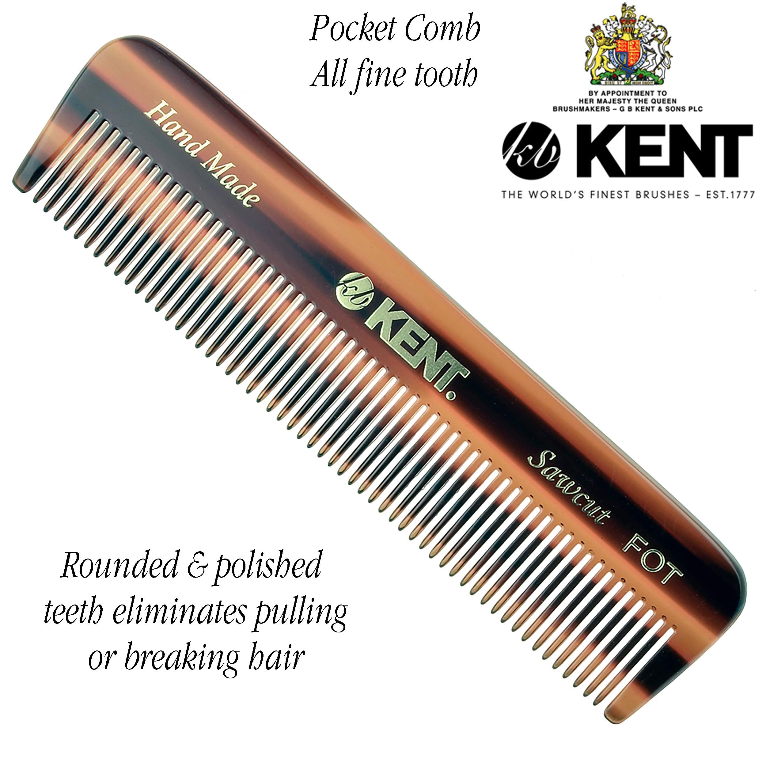 Kent Handmade Fine Tooth Saw Cut Beard and Hair Comb - Pocket and Travel Styling Comb for Thinning or Fine Hair and Beards