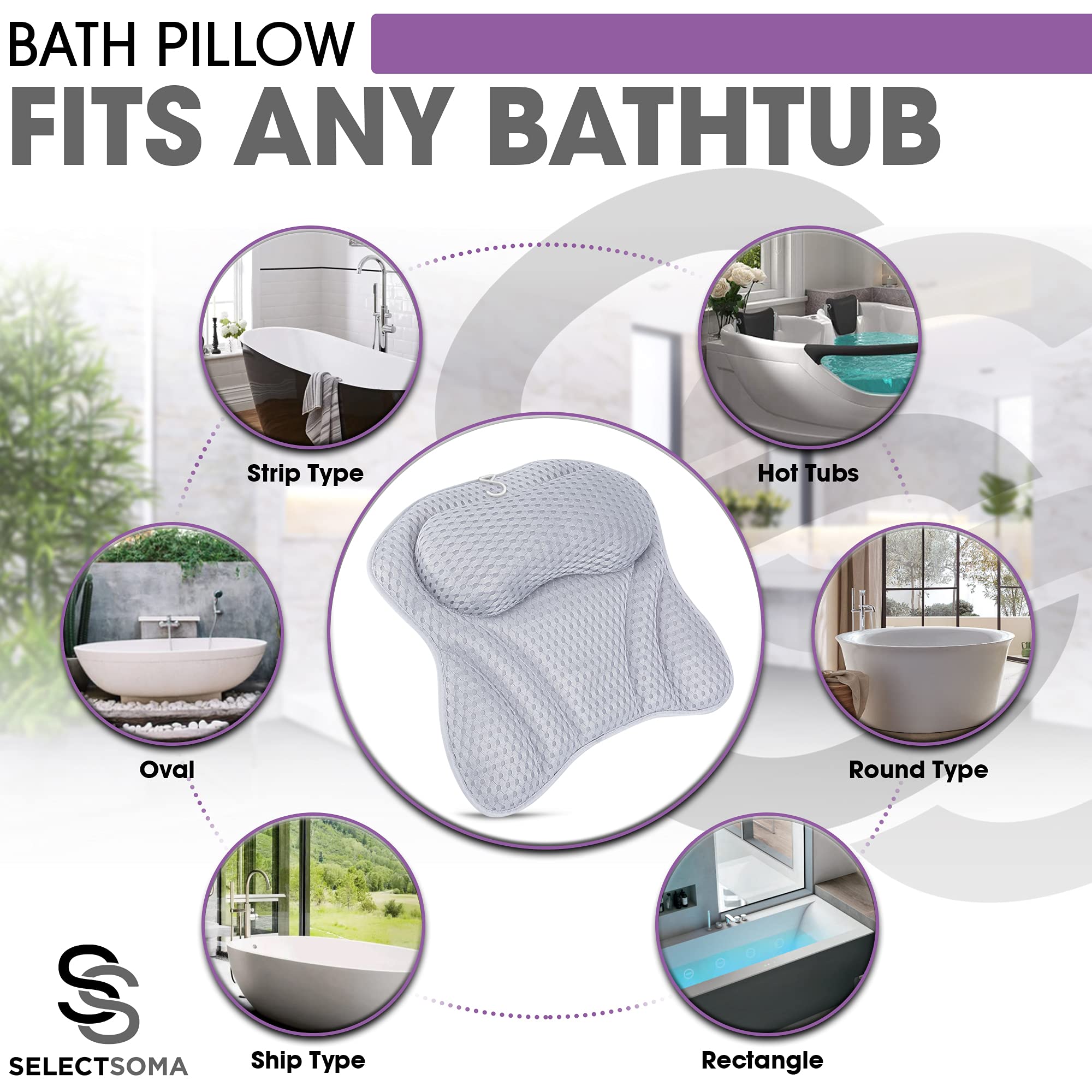 SelectSoma Premium Bath Pillow - Grey 4D Mesh for Head, Neck & Back Support, Quick-Drying with 6 Suction Cups, 1 Count