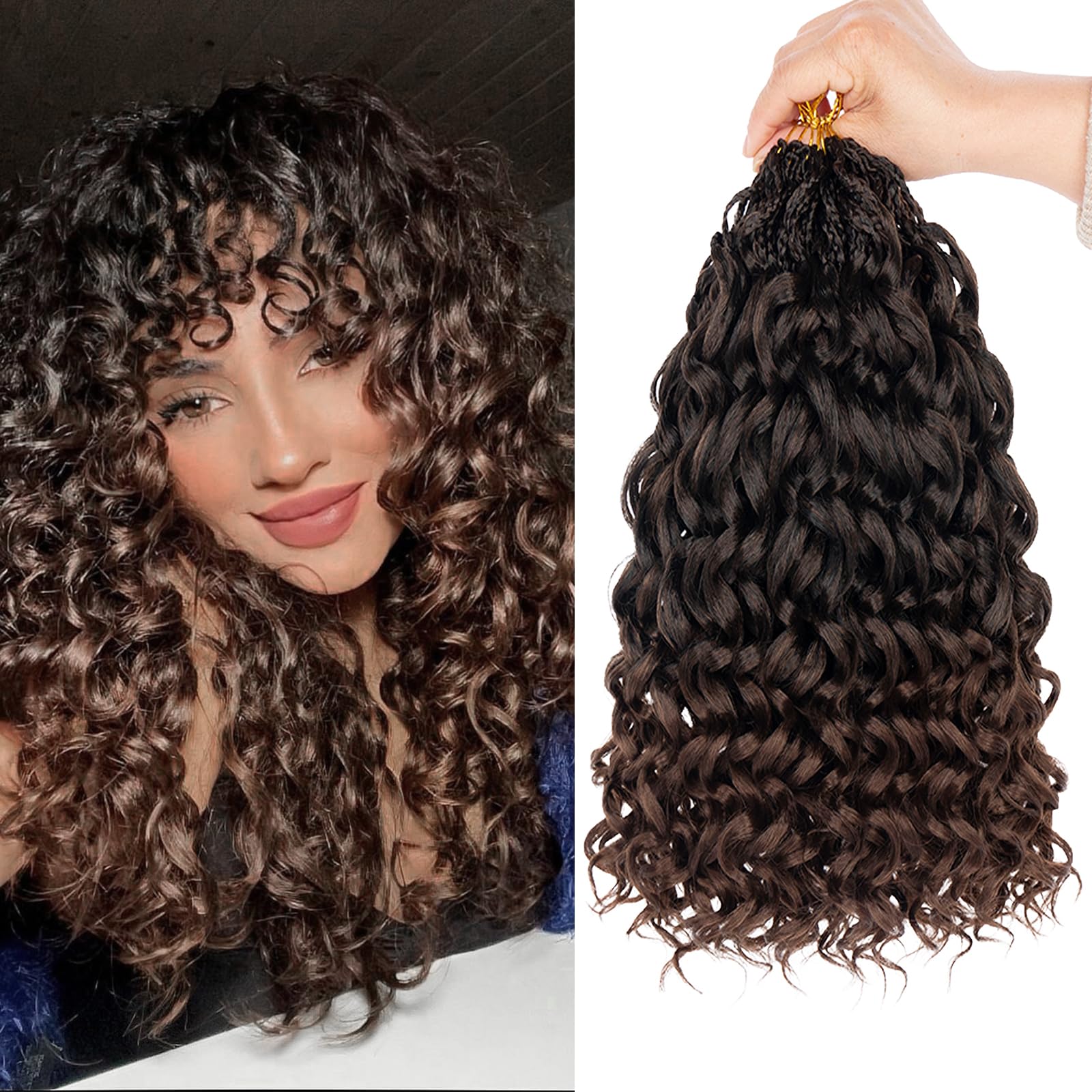 Leeven 14 Inch 8 Packs Gogo Curl Crochet Hair Ombre Brown Pre Looped Ocean Wave Crochet Hair Deep Twist Curly Goddess Box Braids