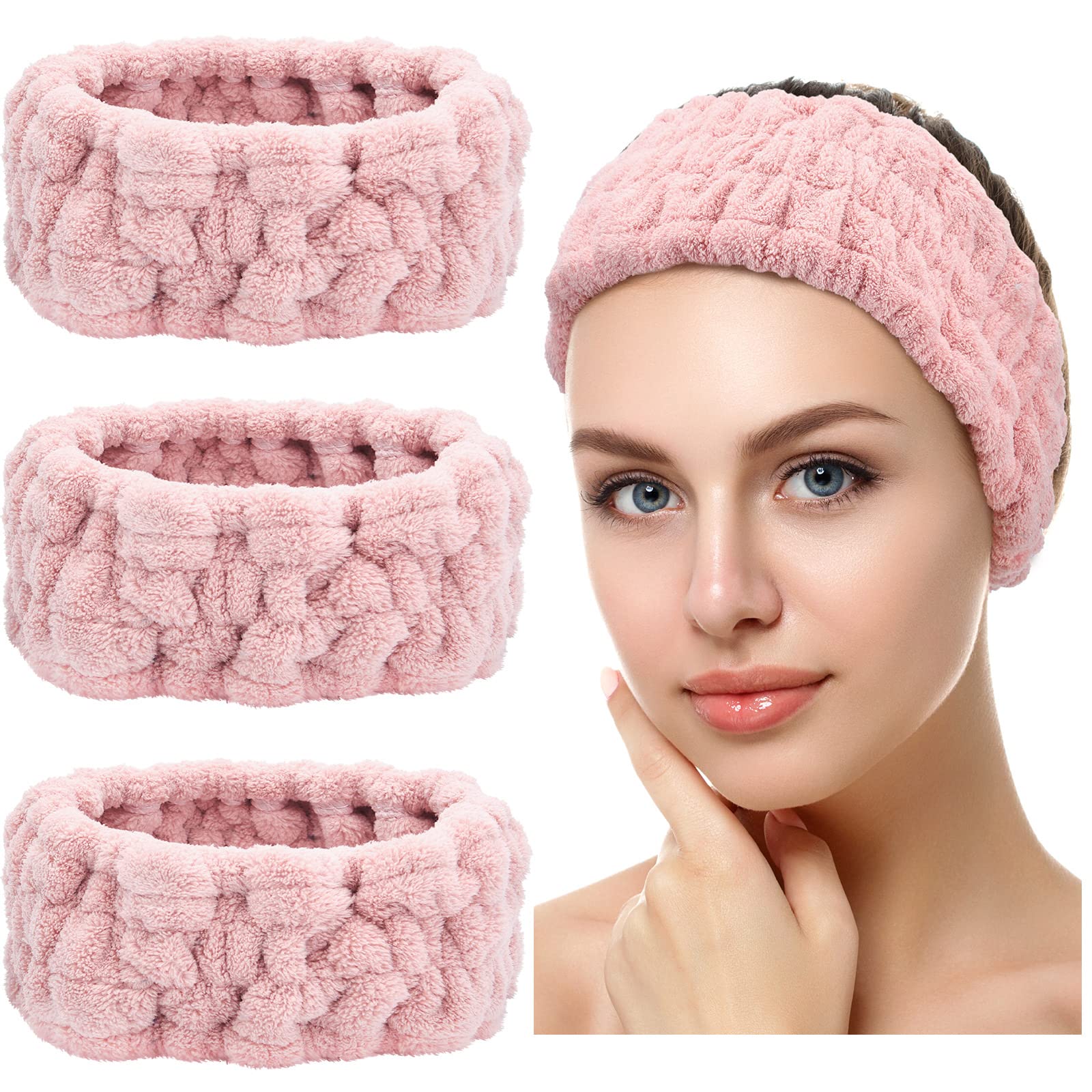 Chuangdi 3 Pieces Women'S Makeup Headband - Elastic Head Wrap For Washing Face, Yoga, Sports, And Shower (Pink)