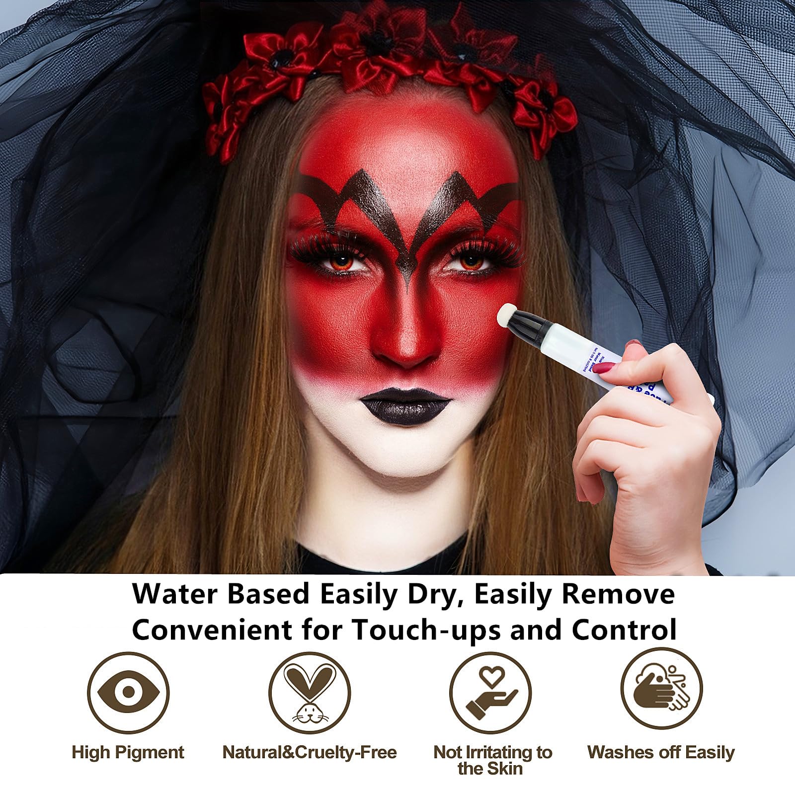 Go Ho Red Black And White Face Body Paint Water Based Cream Washable For Adults Children,Cream Body Paint Wand With Cushion Appl