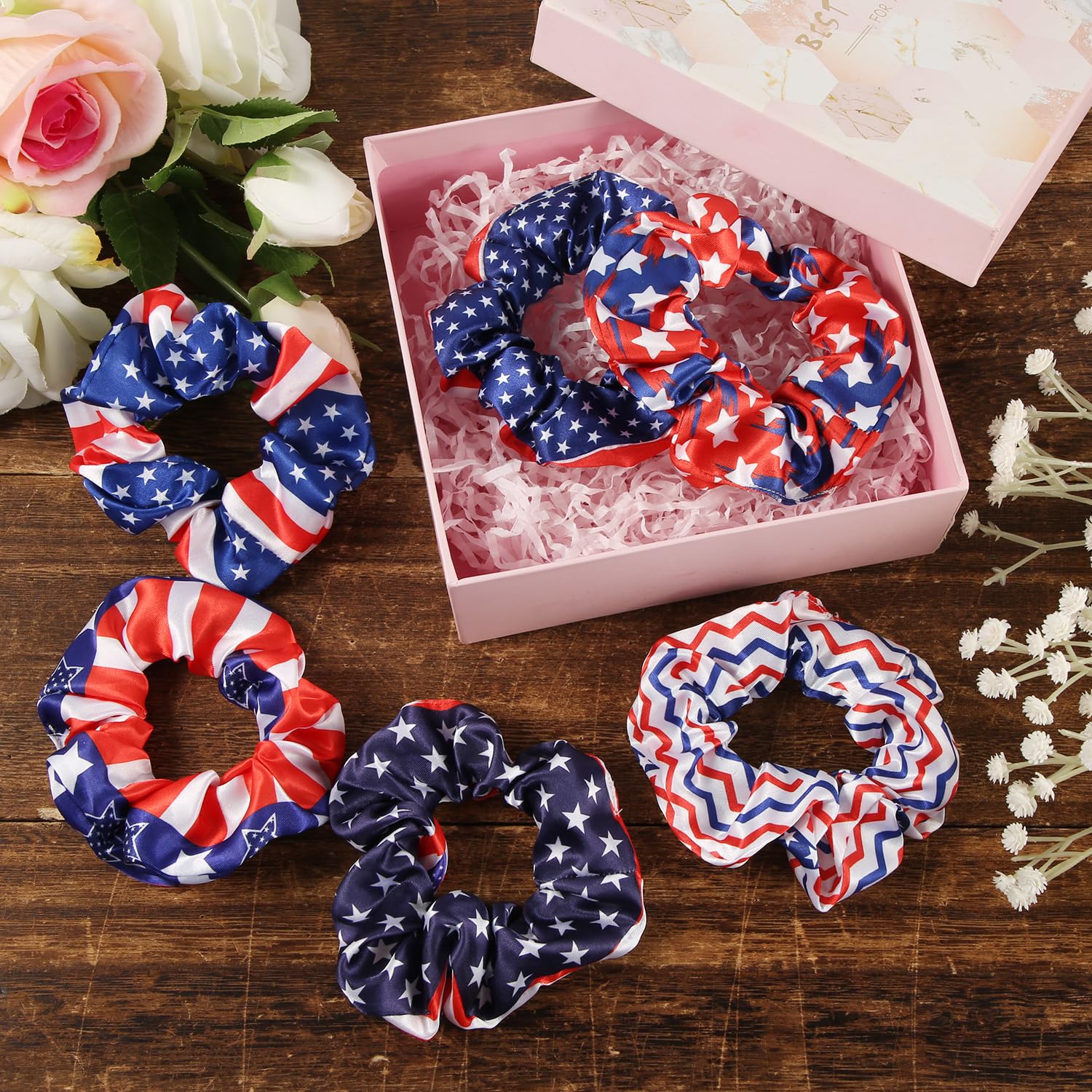 12pcs Patriotic Elastic Hair Band, Girls Women Red White and Blue Scrunchies Accessories Patriotic Ponytail Bands American Flag